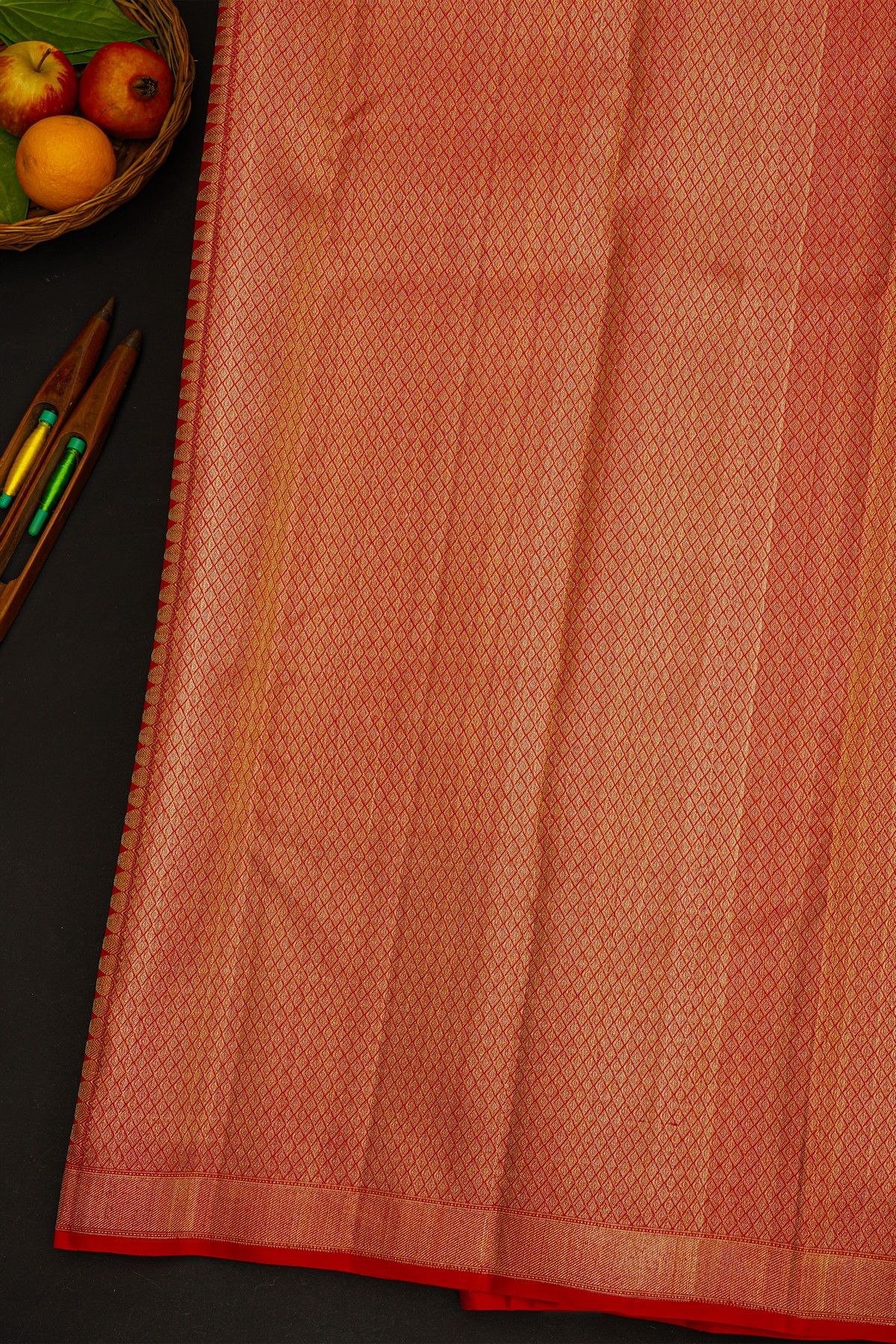 Kancheepuram Silk Bridal Red Saree With Peacock Buttis In Checks Body Meenakari Border