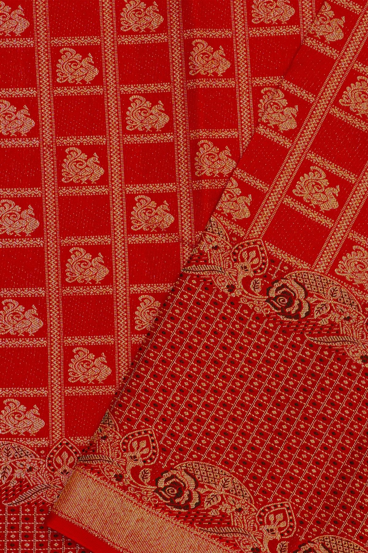Kancheepuram Silk Bridal Red Saree With Peacock Buttis In Checks Body Meenakari Border