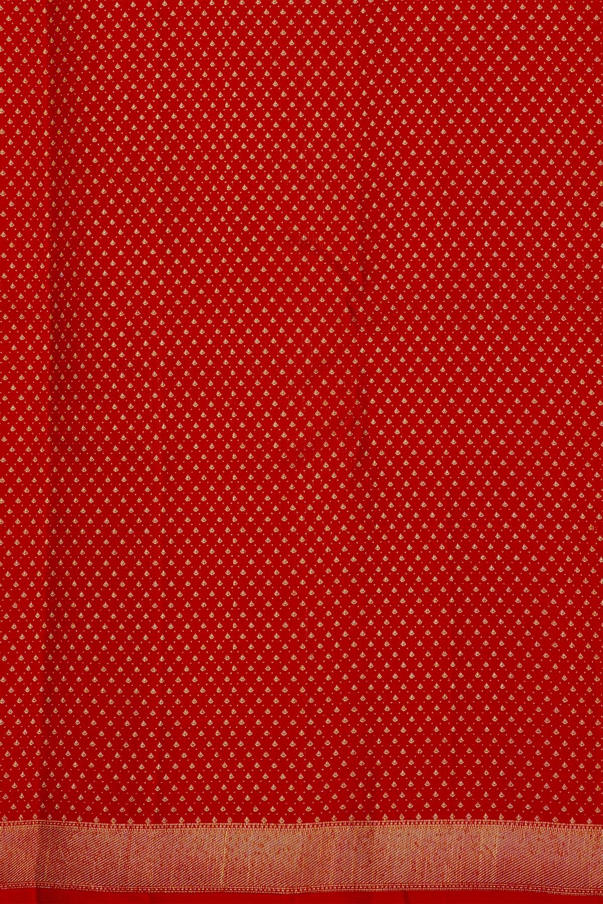 Kancheepuram Silk Bridal Red Saree With Peacock Buttis In Checks Body Meenakari Border