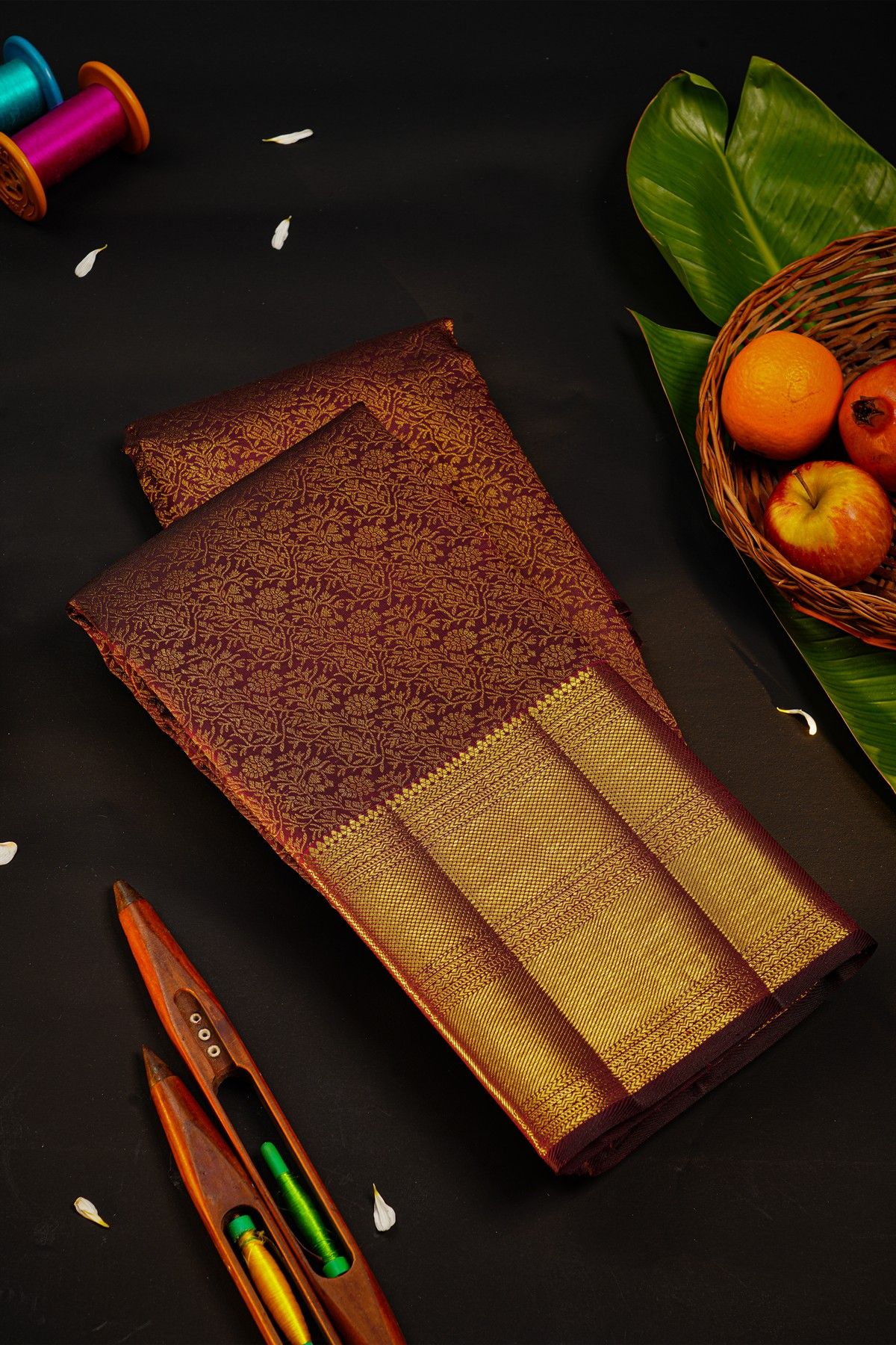 Kancheepuram Silk Dark Wine Saree With Diamonds And Cross Lines In Zari Border