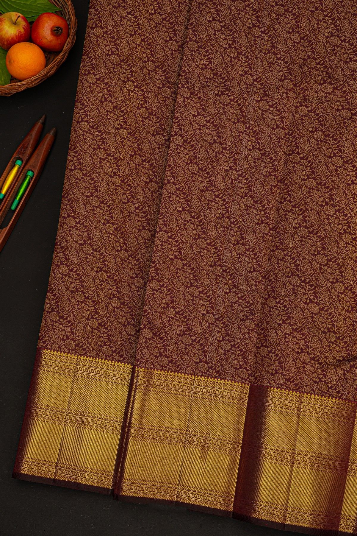 Kancheepuram Silk Dark Wine Saree With Diamonds And Cross Lines In Zari Border