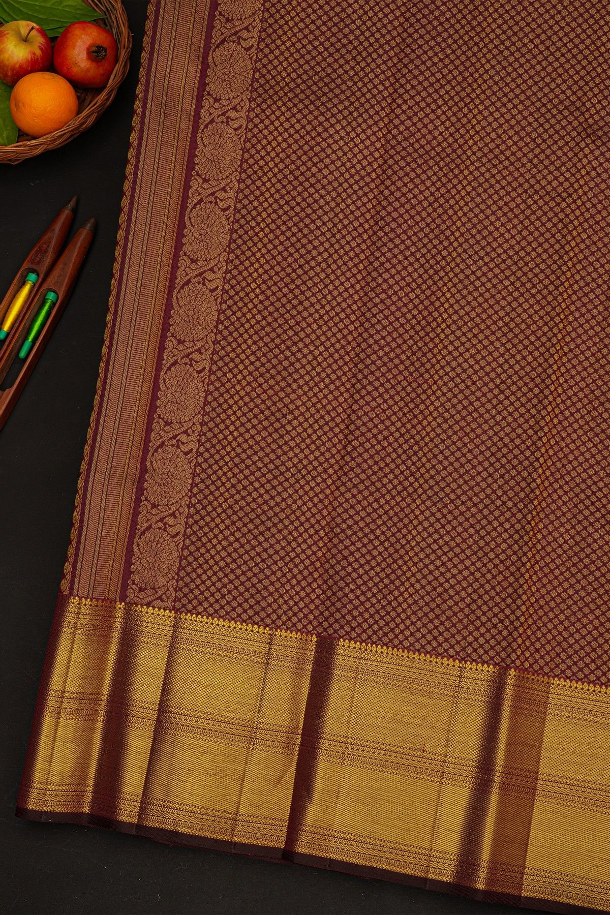 Kancheepuram Silk Dark Wine Saree With Diamonds And Cross Lines In Zari Border