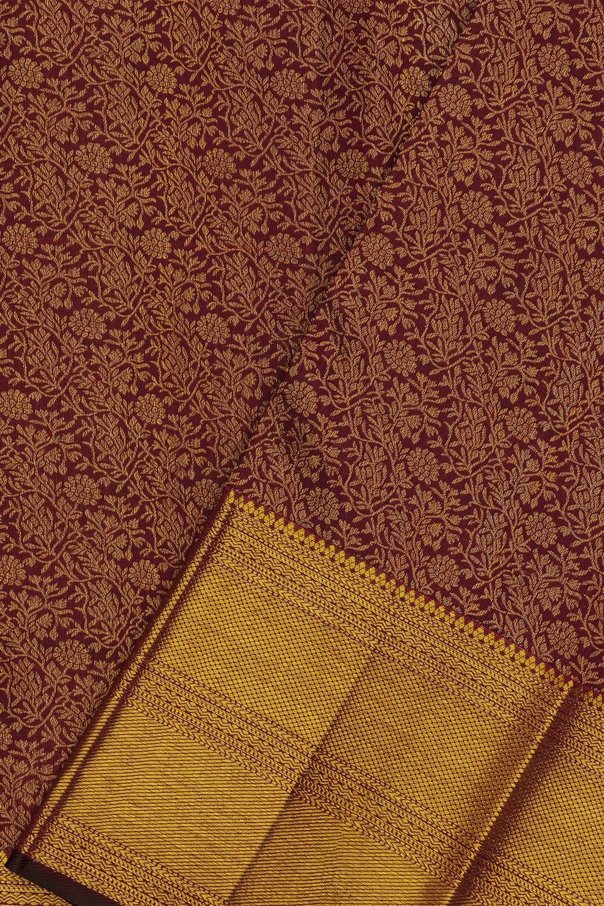 Kancheepuram Silk Dark Wine Saree With Diamonds And Cross Lines In Zari Border