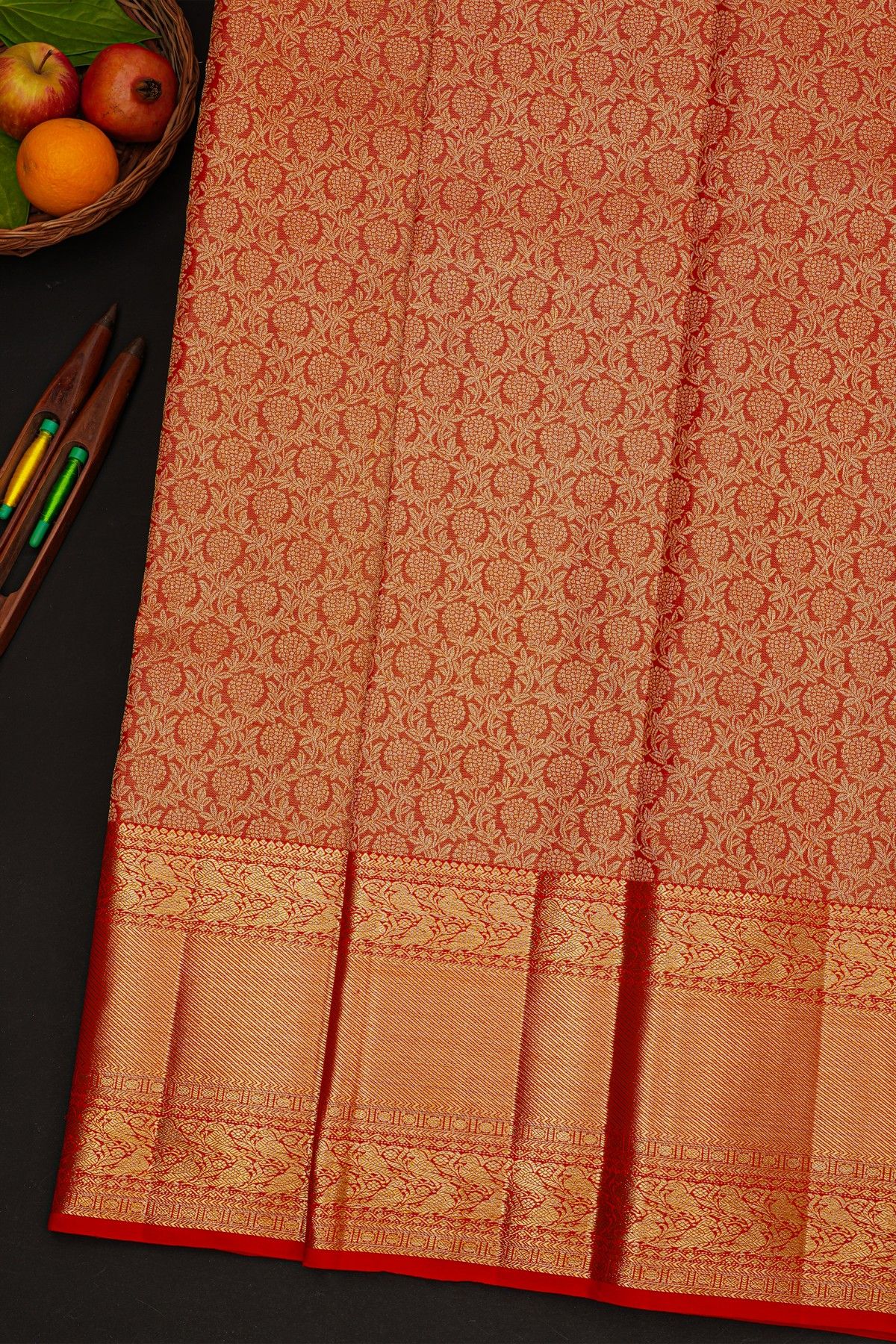 Kancheepuram Silk Red Bridal Tissue Saree WIth All Over Jaal
