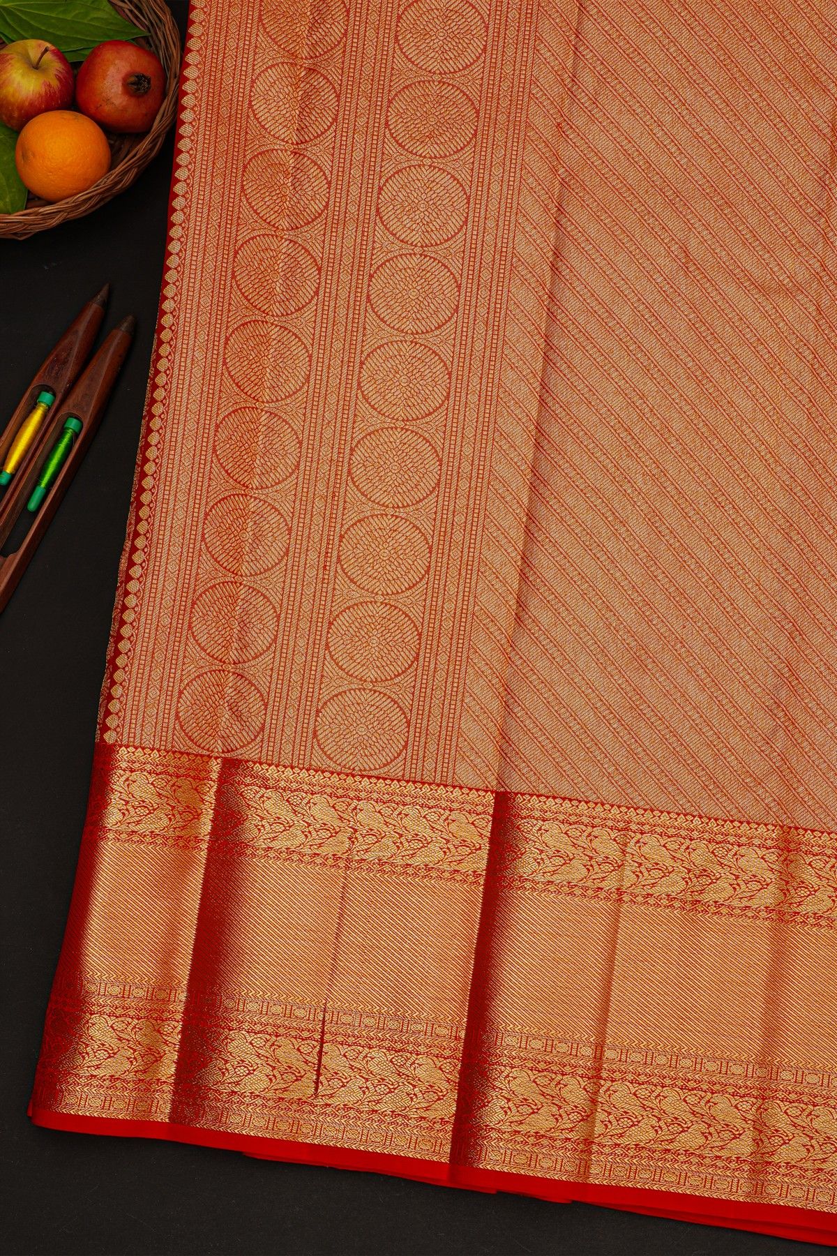 Kancheepuram Silk Red Bridal Tissue Saree WIth All Over Jaal