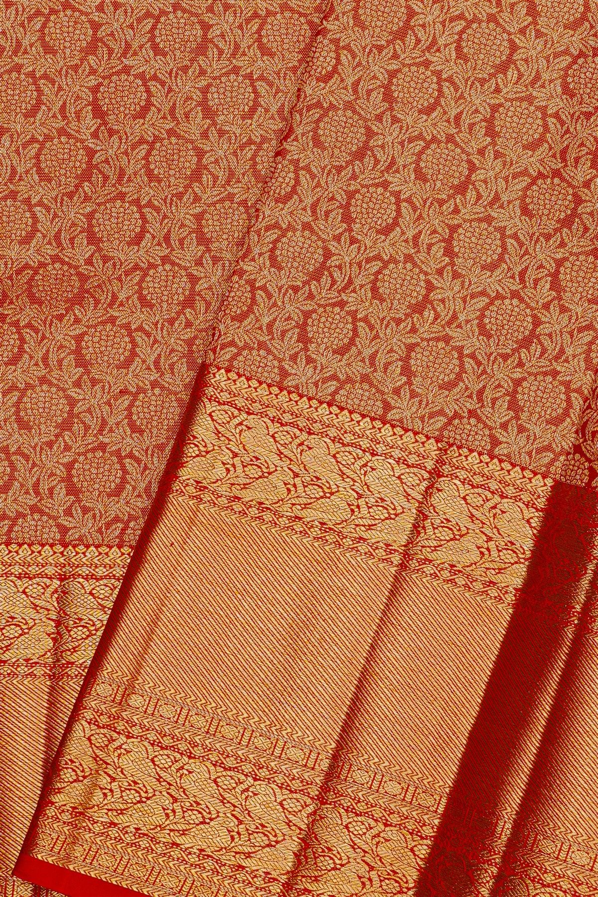 Kancheepuram Silk Red Bridal Tissue Saree WIth All Over Jaal