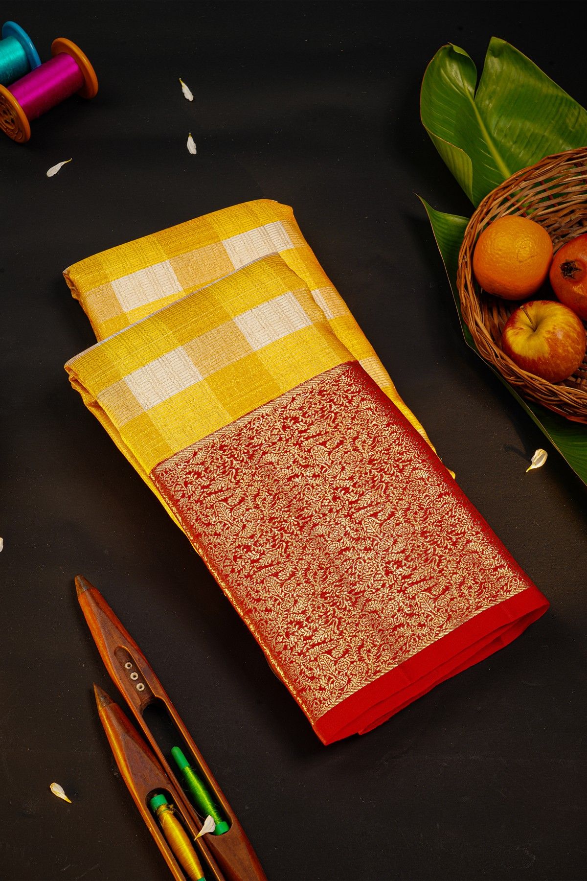 Kancheepuram Silk Multi Colour Checks Yellow Saree With Red Jaal Border