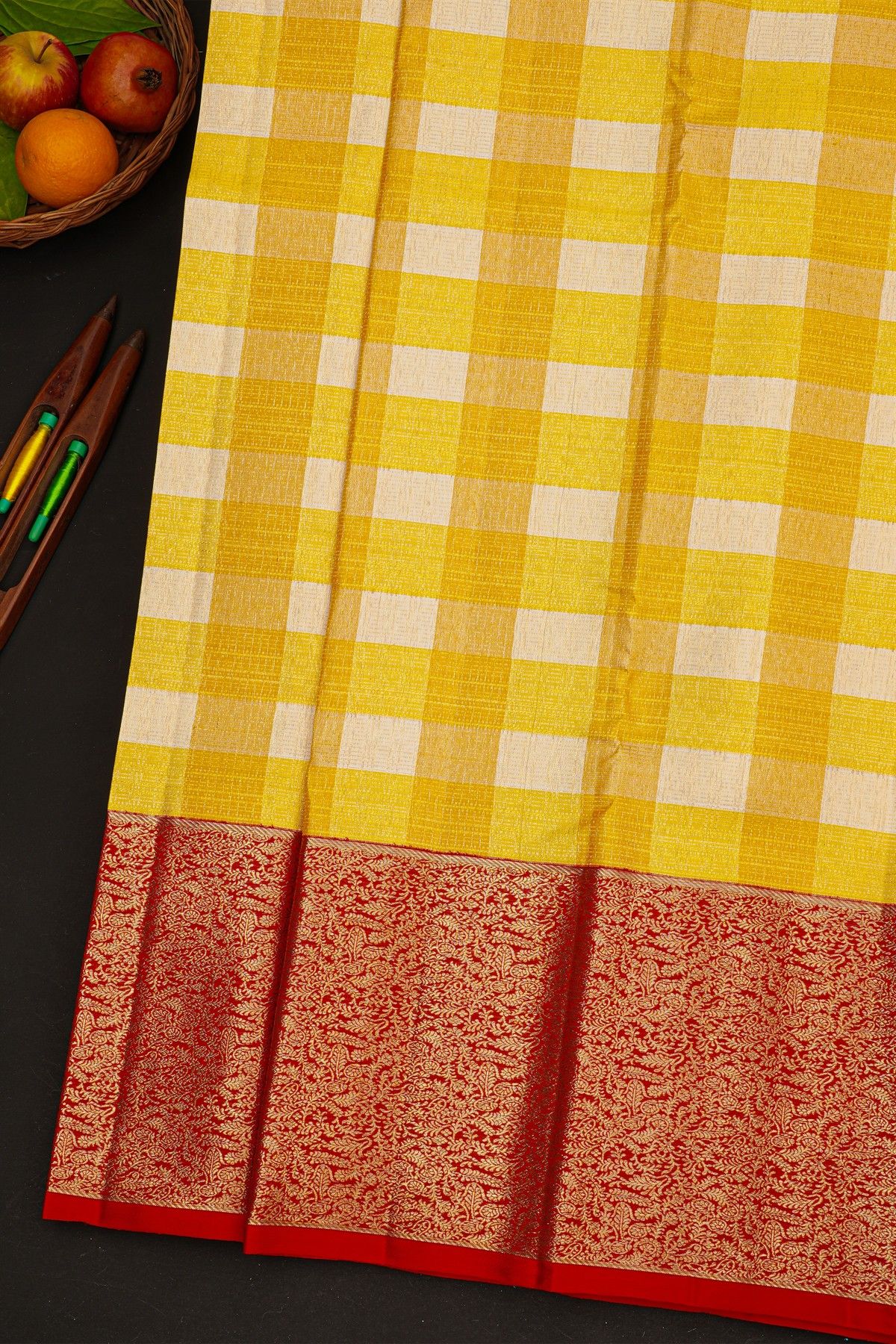 Kancheepuram Silk Multi Colour Checks Yellow Saree With Red Jaal Border