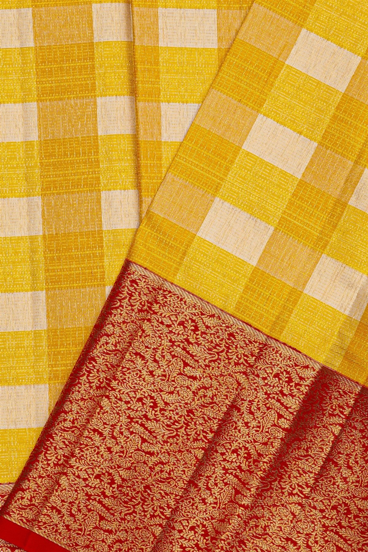 Kancheepuram Silk Multi Colour Checks Yellow Saree With Red Jaal Border
