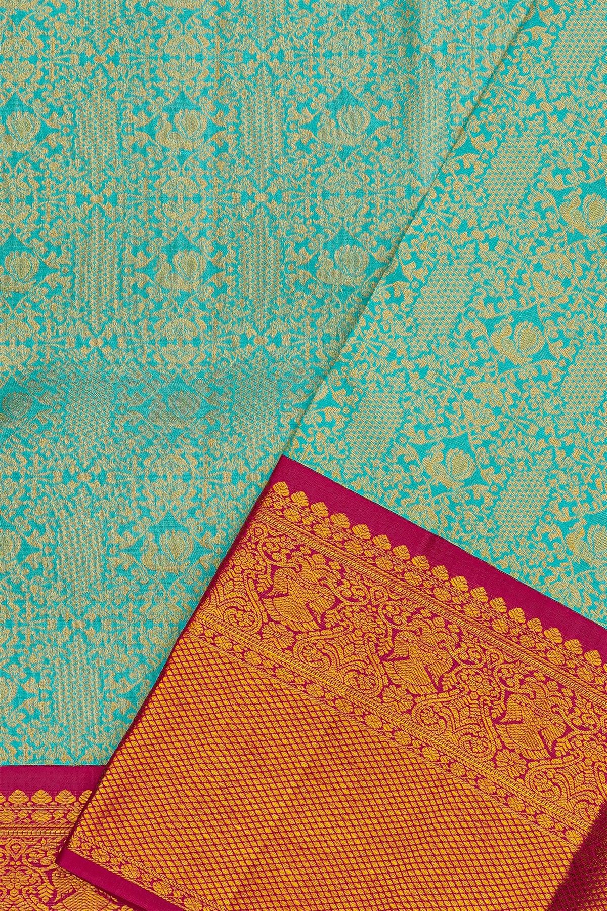 Kancheepuram Silk Sea Blue Saree With Traditional Kuttu Border