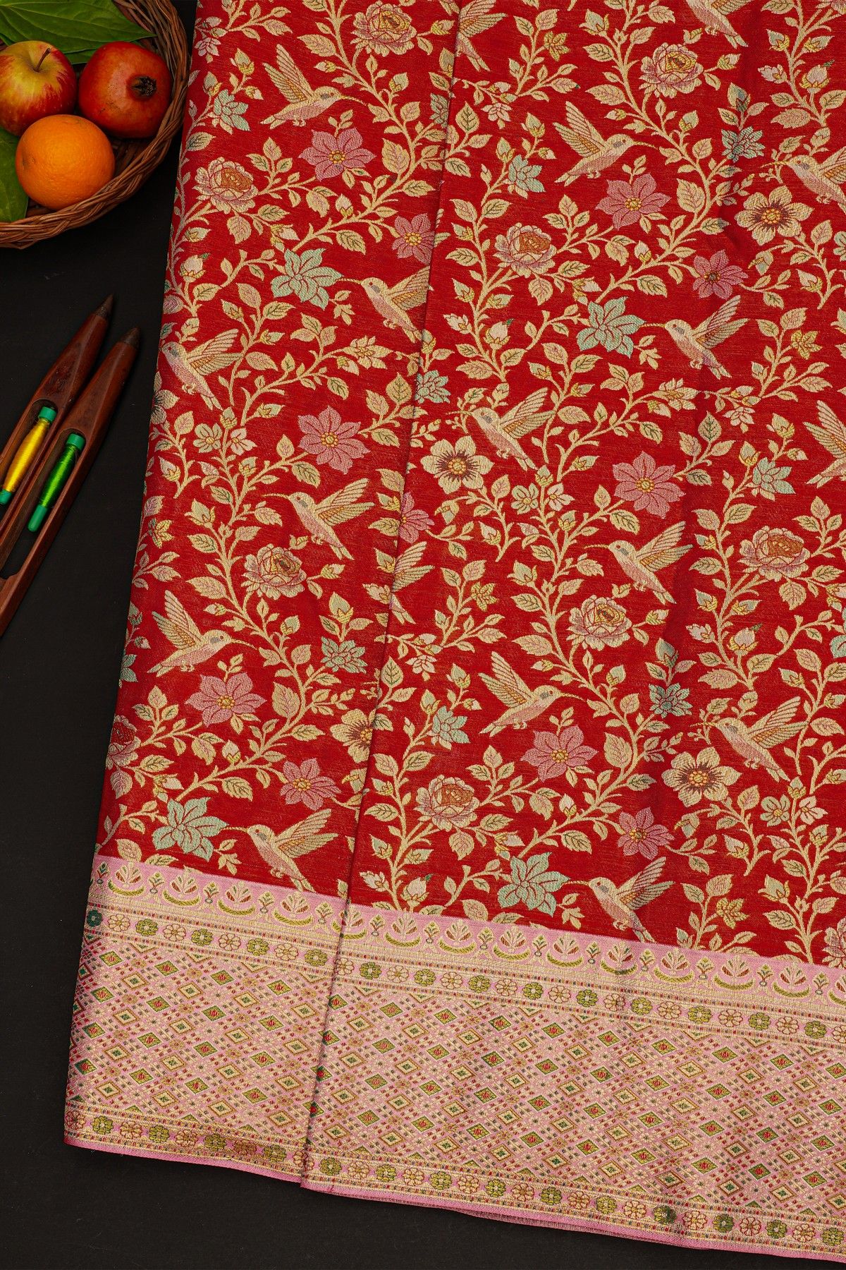Kancheepuram Silk Bridal Red Saree With Unique Meenakari Body Pastel Border