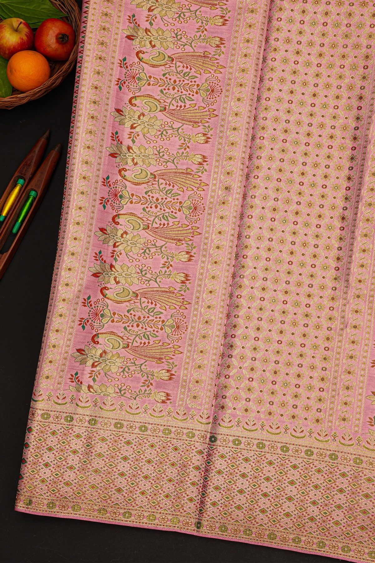 Kancheepuram Silk Bridal Red Saree With Unique Meenakari Body Pastel Border