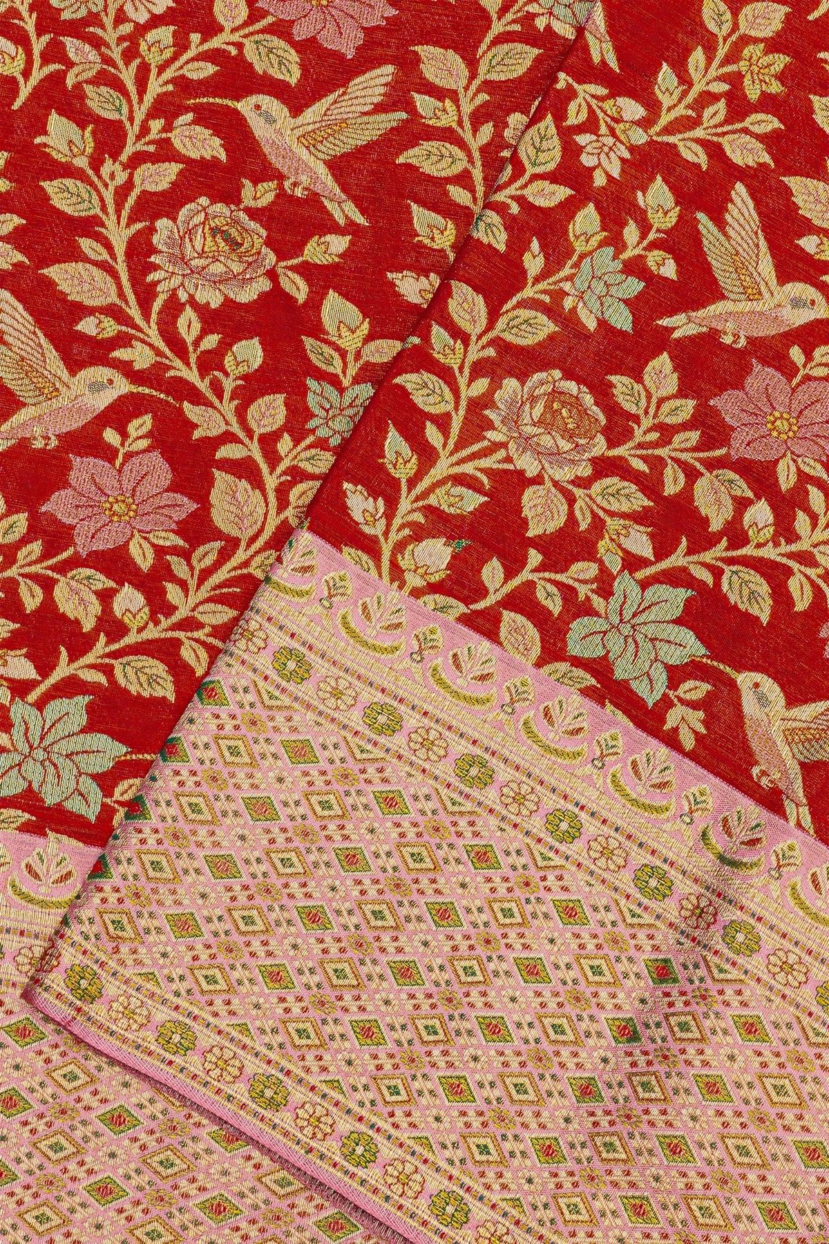 Kancheepuram Silk Bridal Red Saree With Unique Meenakari Body Pastel Border