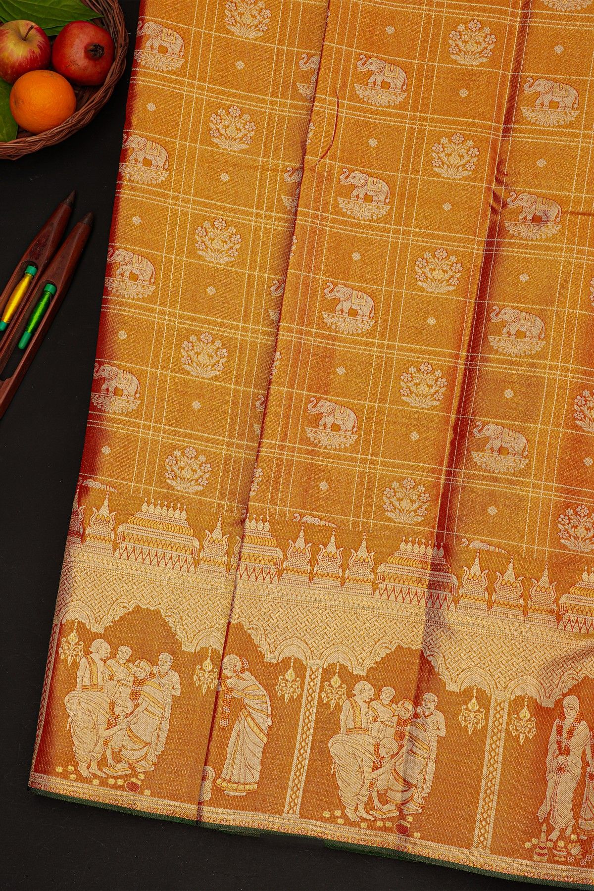 Kancheepuram Gold Tissue Saree With Designer Wedding Theme Weaving