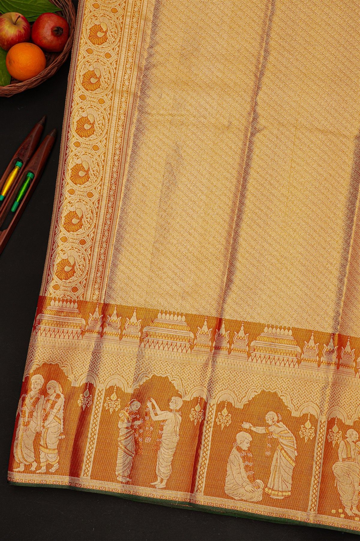 Kancheepuram Gold Tissue Saree With Designer Wedding Theme Weaving