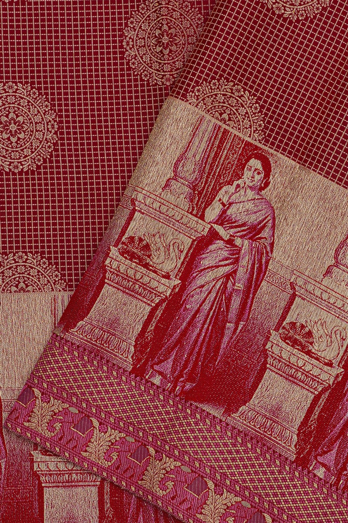 Kancheepuram Silk Pinkish Red Saree With Checks Body Human Zari Weaving Border