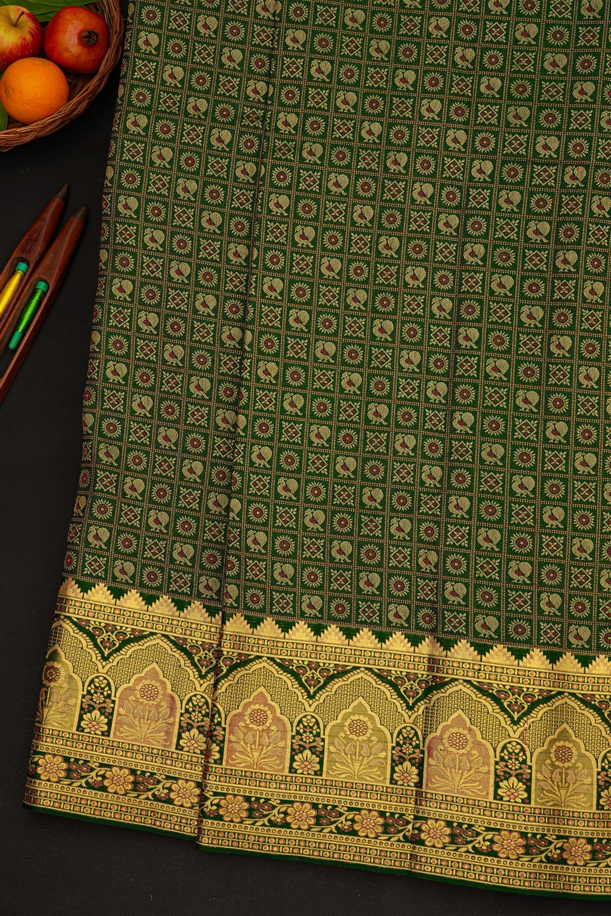 Kancheepuram Silk Bottle Green Saree With Florals And Peacocks In Checks Body