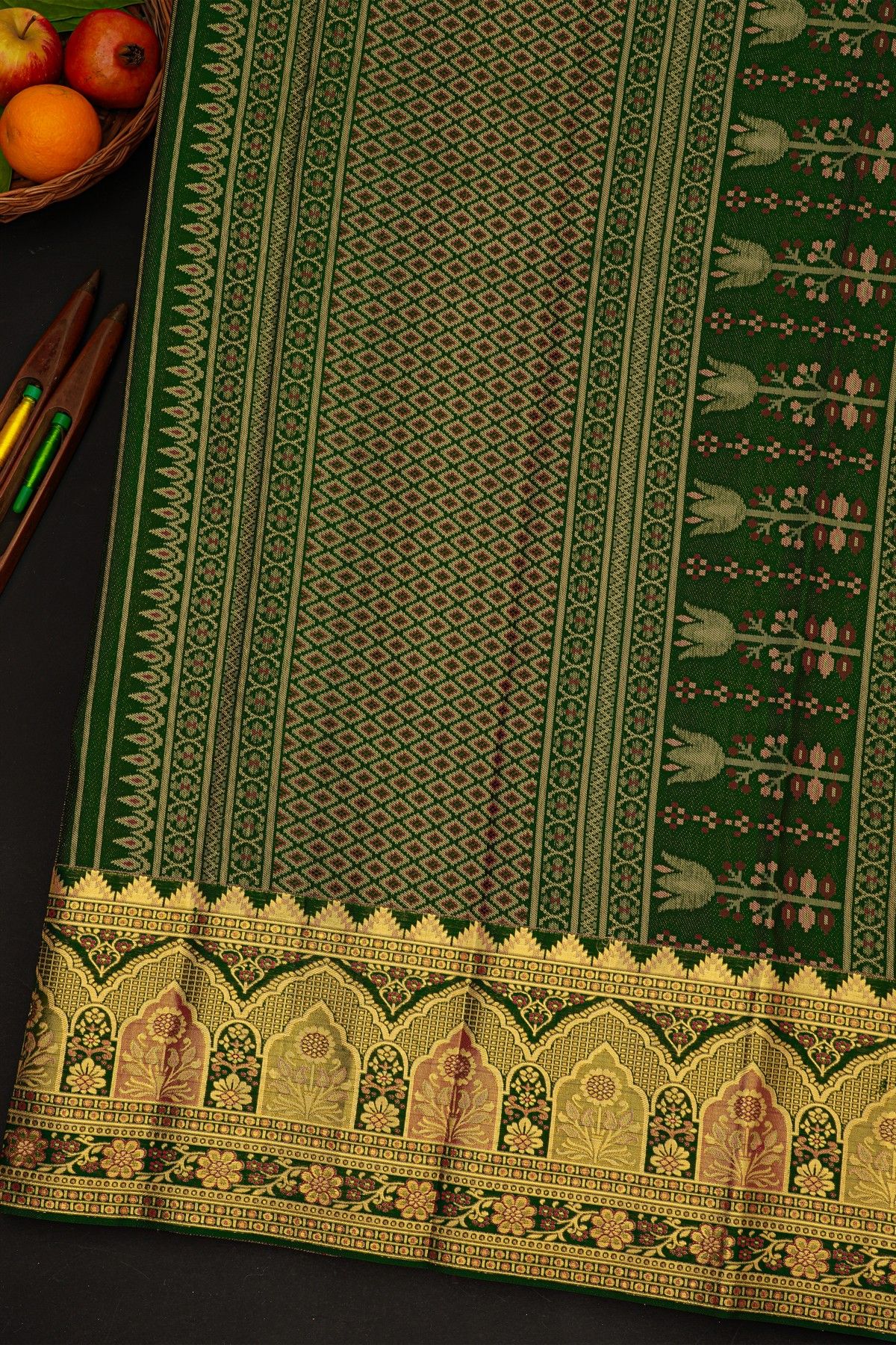 Kancheepuram Silk Bottle Green Saree With Florals And Peacocks In Checks Body