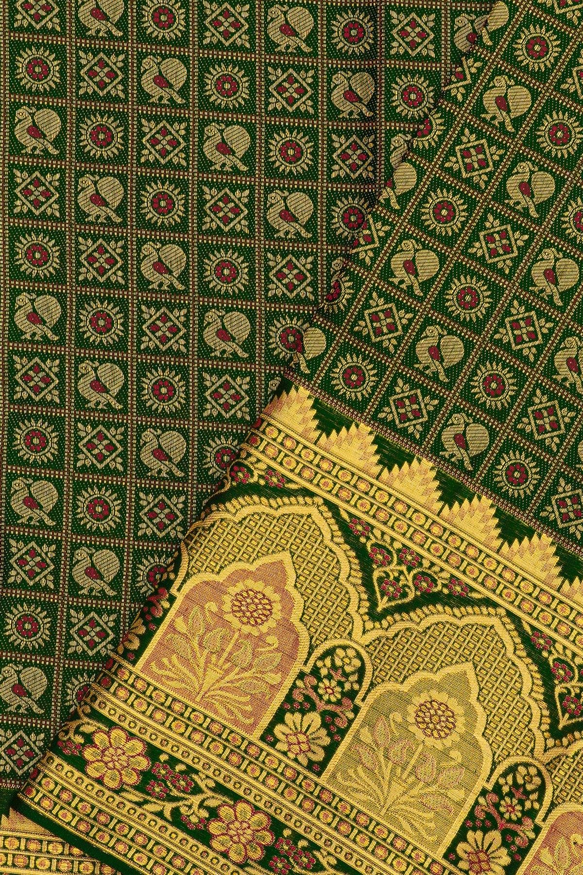Kancheepuram Silk Bottle Green Saree With Florals And Peacocks In Checks Body