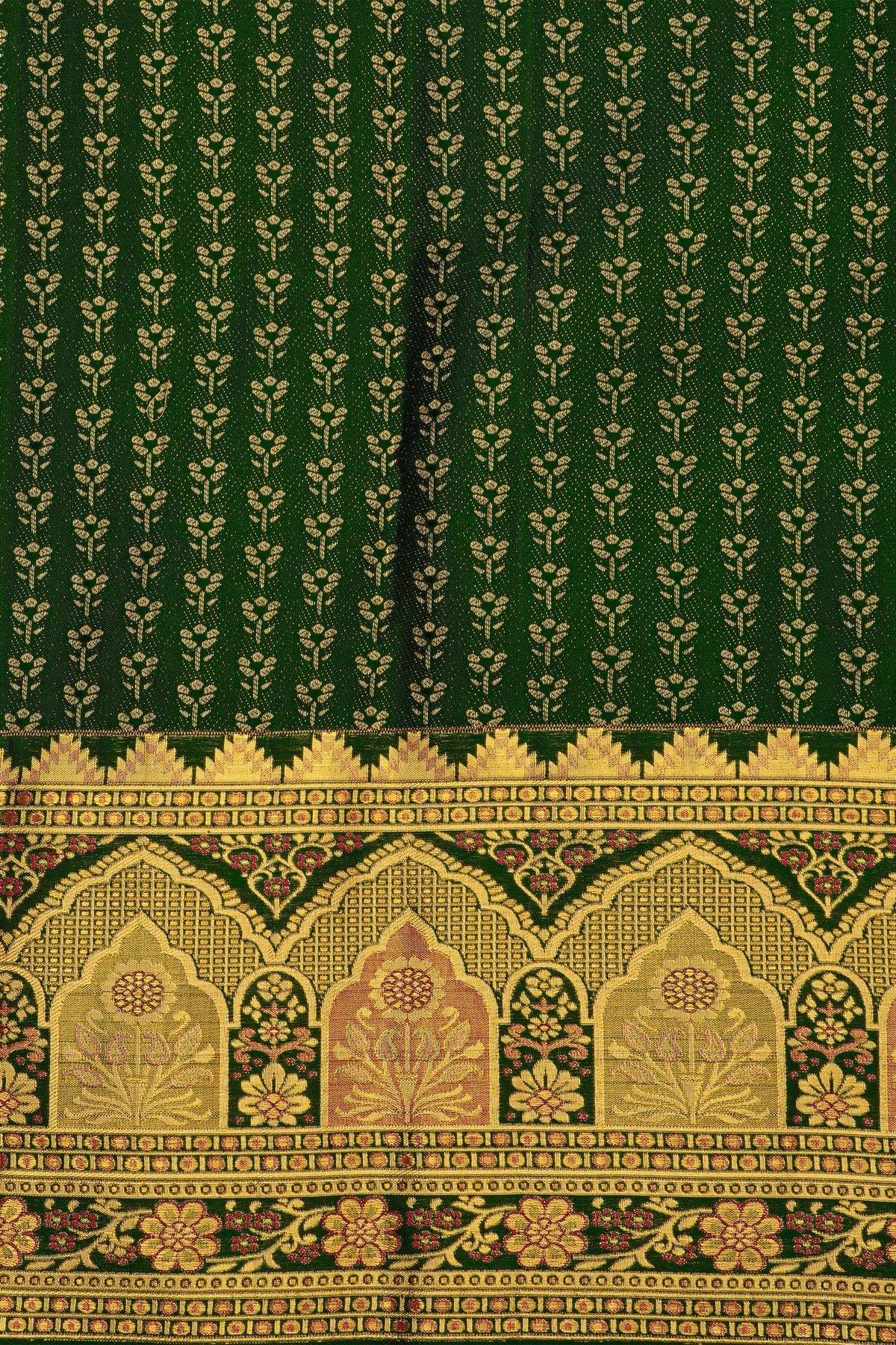Kancheepuram Silk Bottle Green Saree With Florals And Peacocks In Checks Body