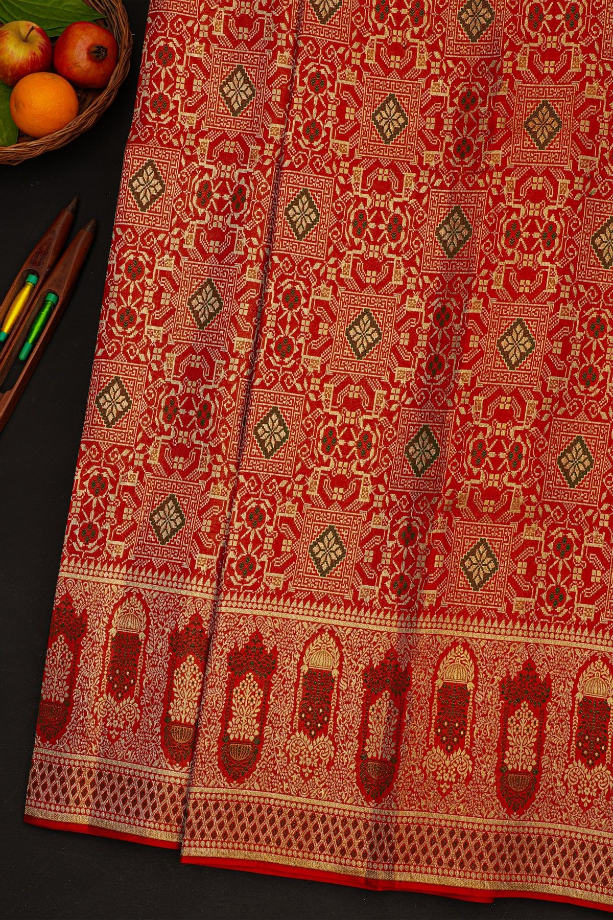 Kancheepuram Silk Bridal Red Saree With Self Florals And Meenakari Body