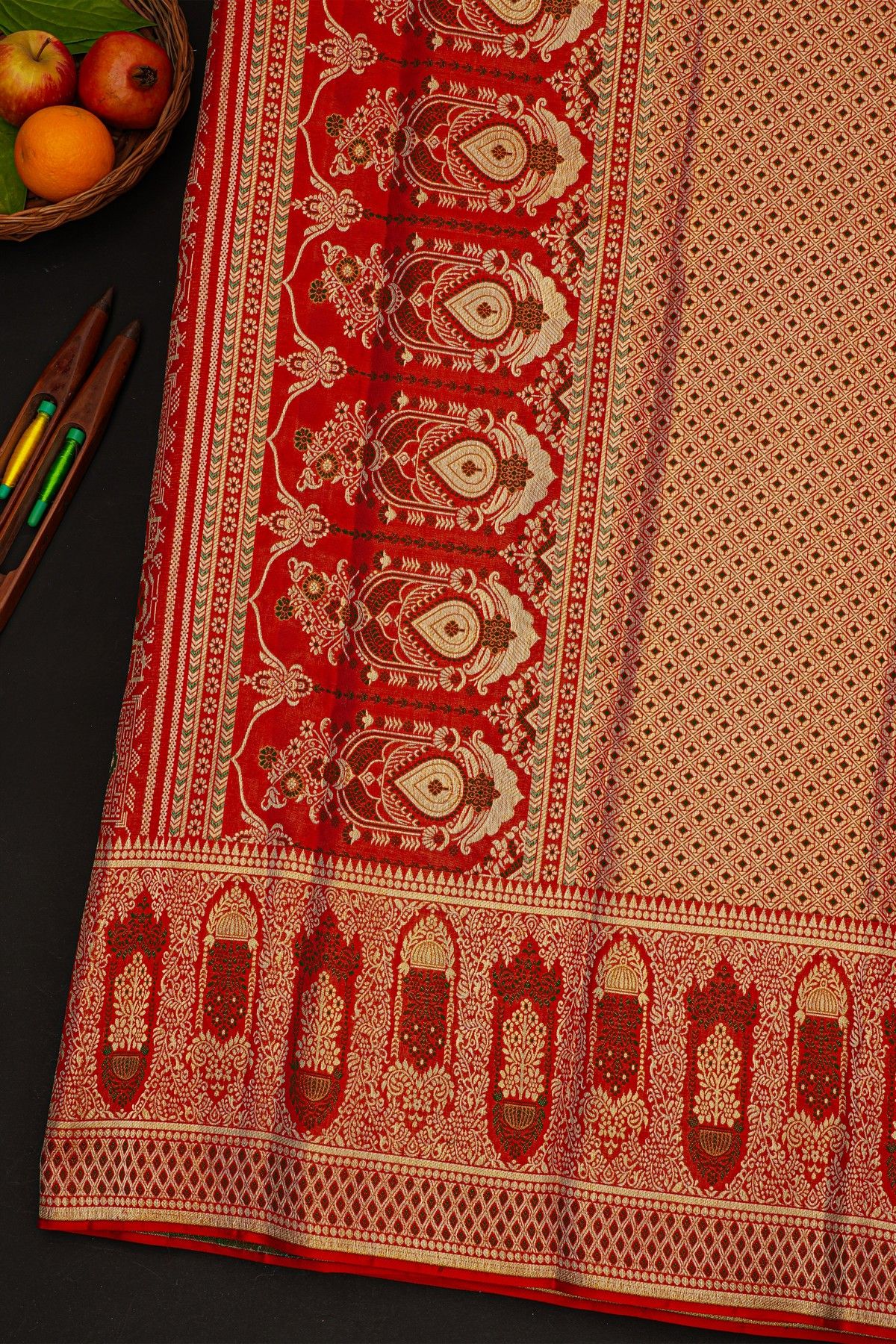 Kancheepuram Silk Bridal Red Saree With Self Florals And Meenakari Body