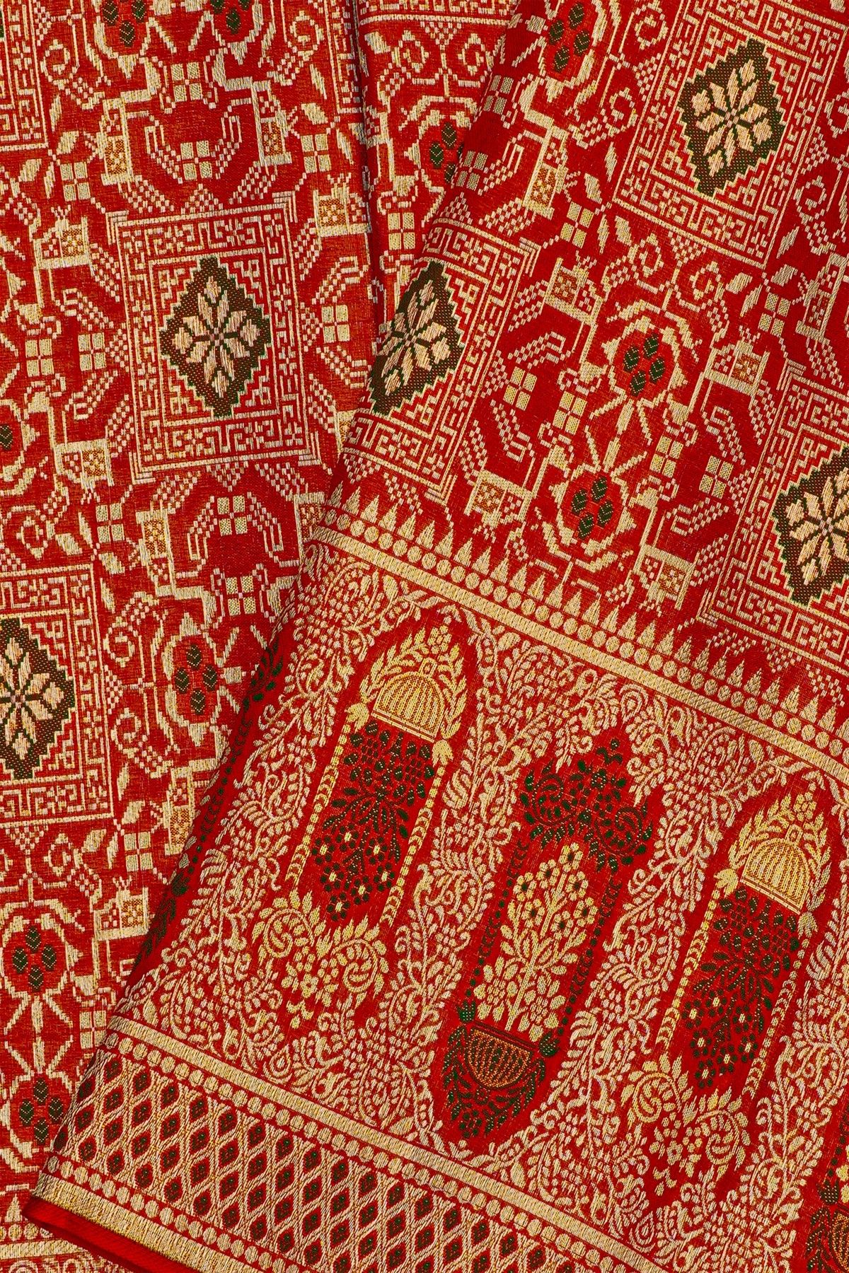 Kancheepuram Silk Bridal Red Saree With Self Florals And Meenakari Body