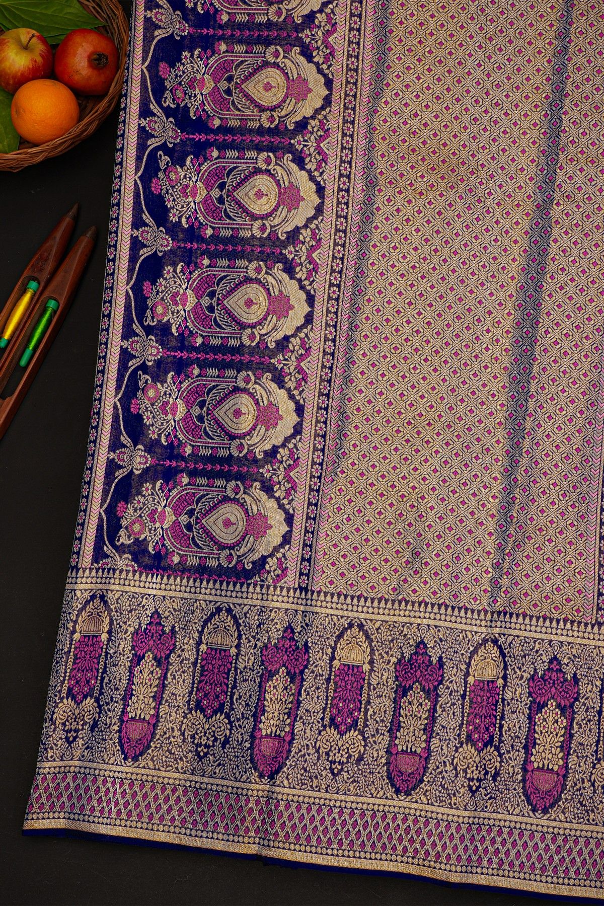 Kancheepuram Silk Royal Blue Saree With Meenakari In Body And Border