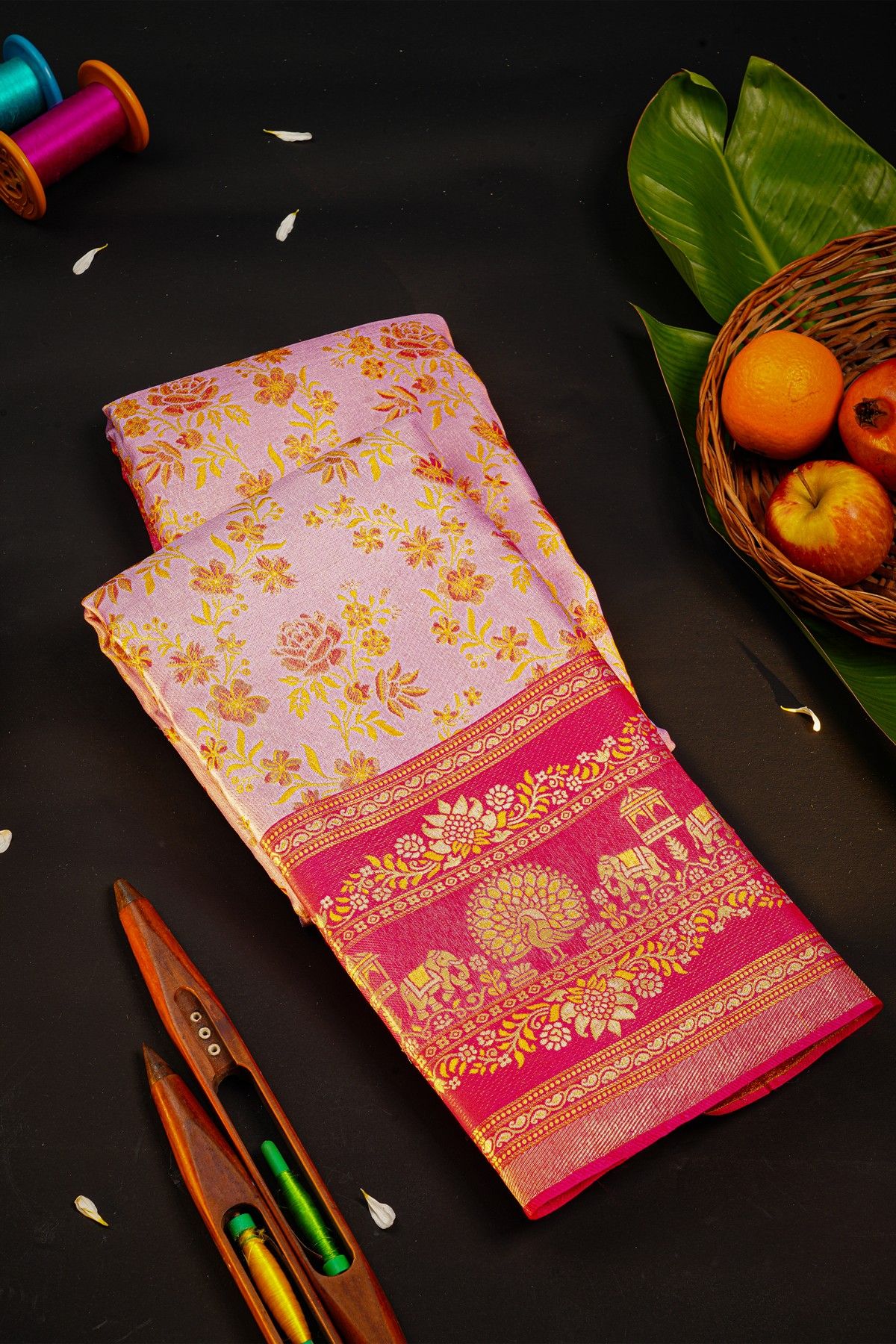Kancheepuram Silk Baby Pink Saree With Meenakari Designer