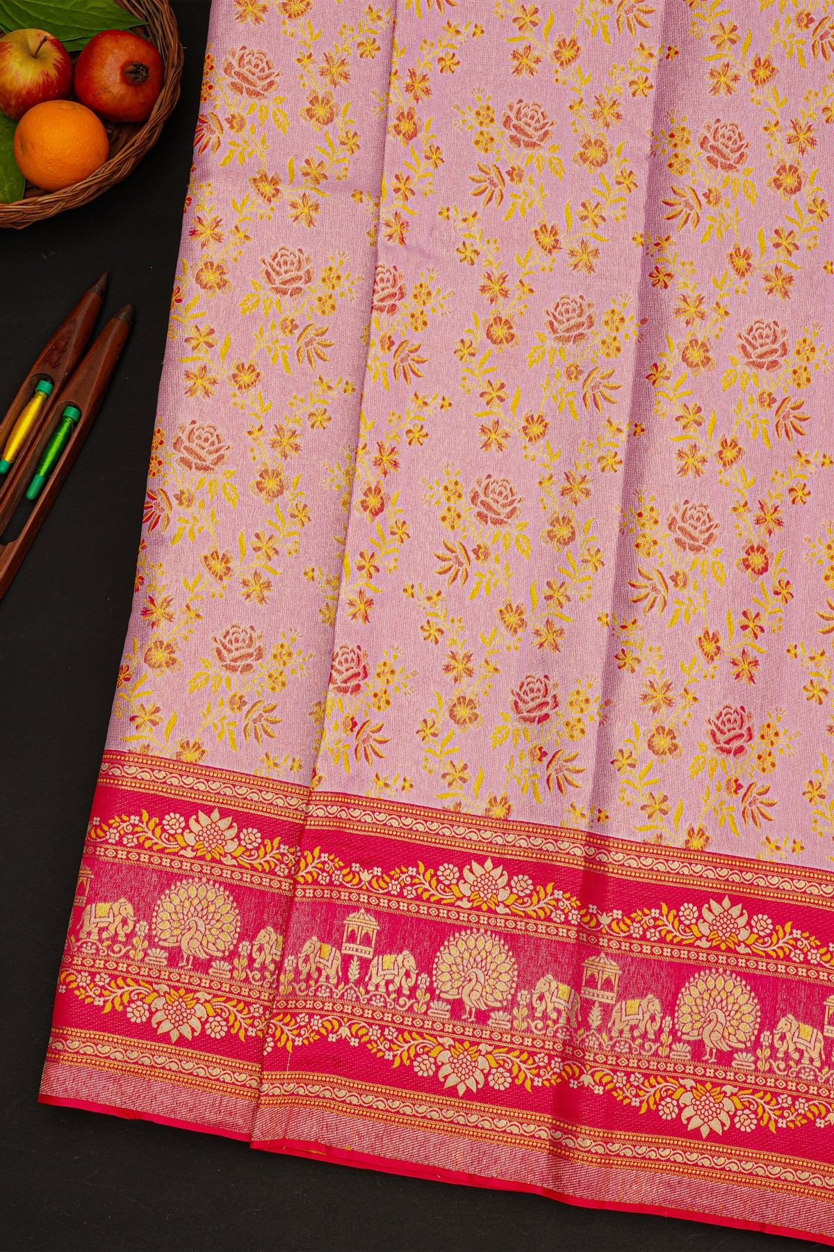 Kancheepuram Silk Baby Pink Saree With Meenakari Designer