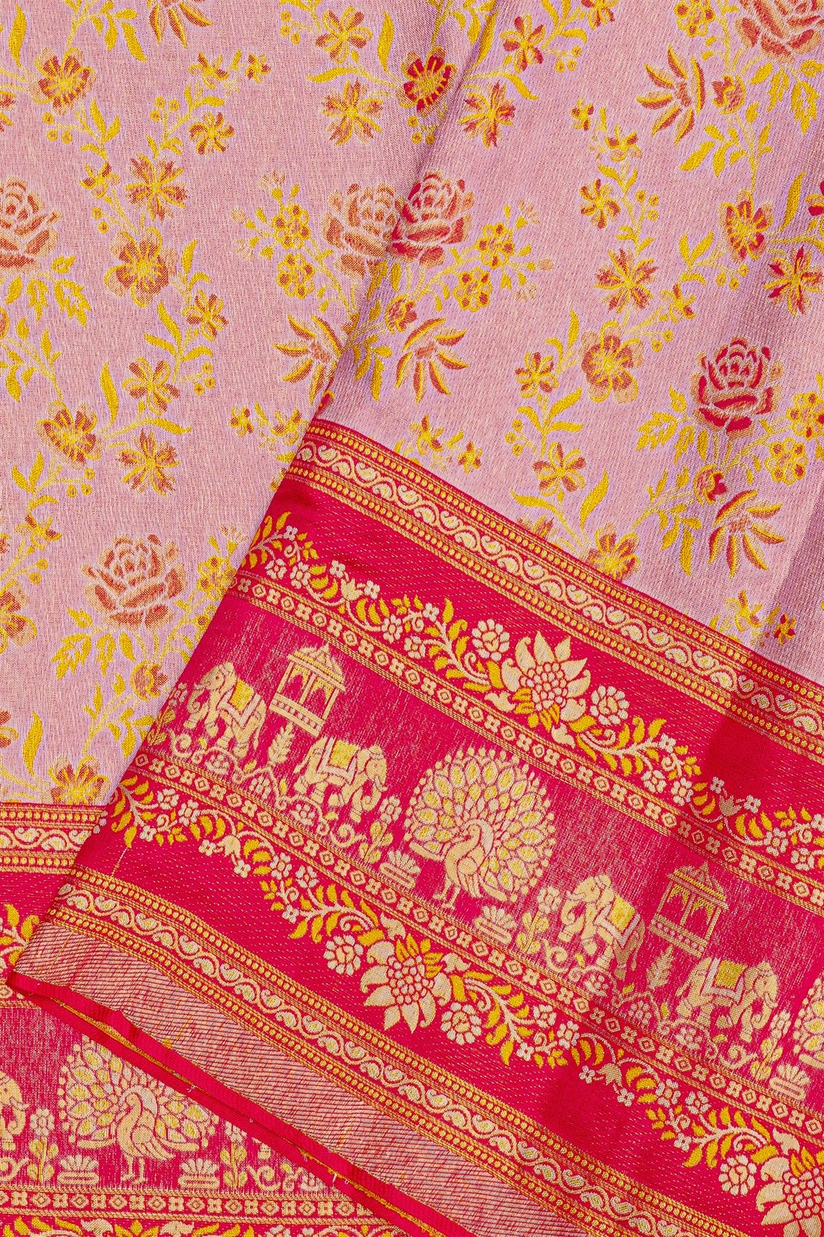 Kancheepuram Silk Baby Pink Saree With Meenakari Designer