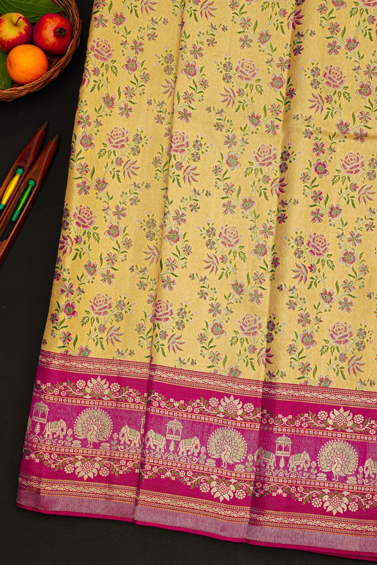 Kancheepuram Silk Yellow Saree With Meenakari In Body And Border