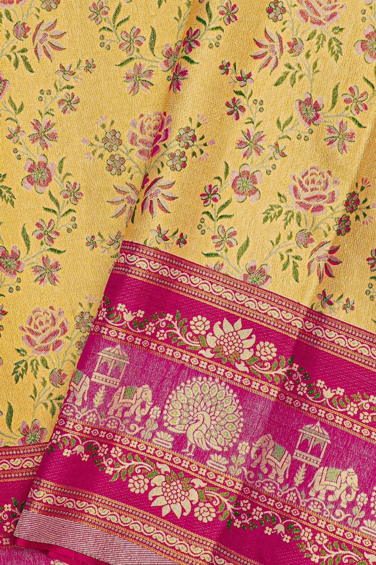 Kancheepuram Silk Yellow Saree With Meenakari In Body And Border