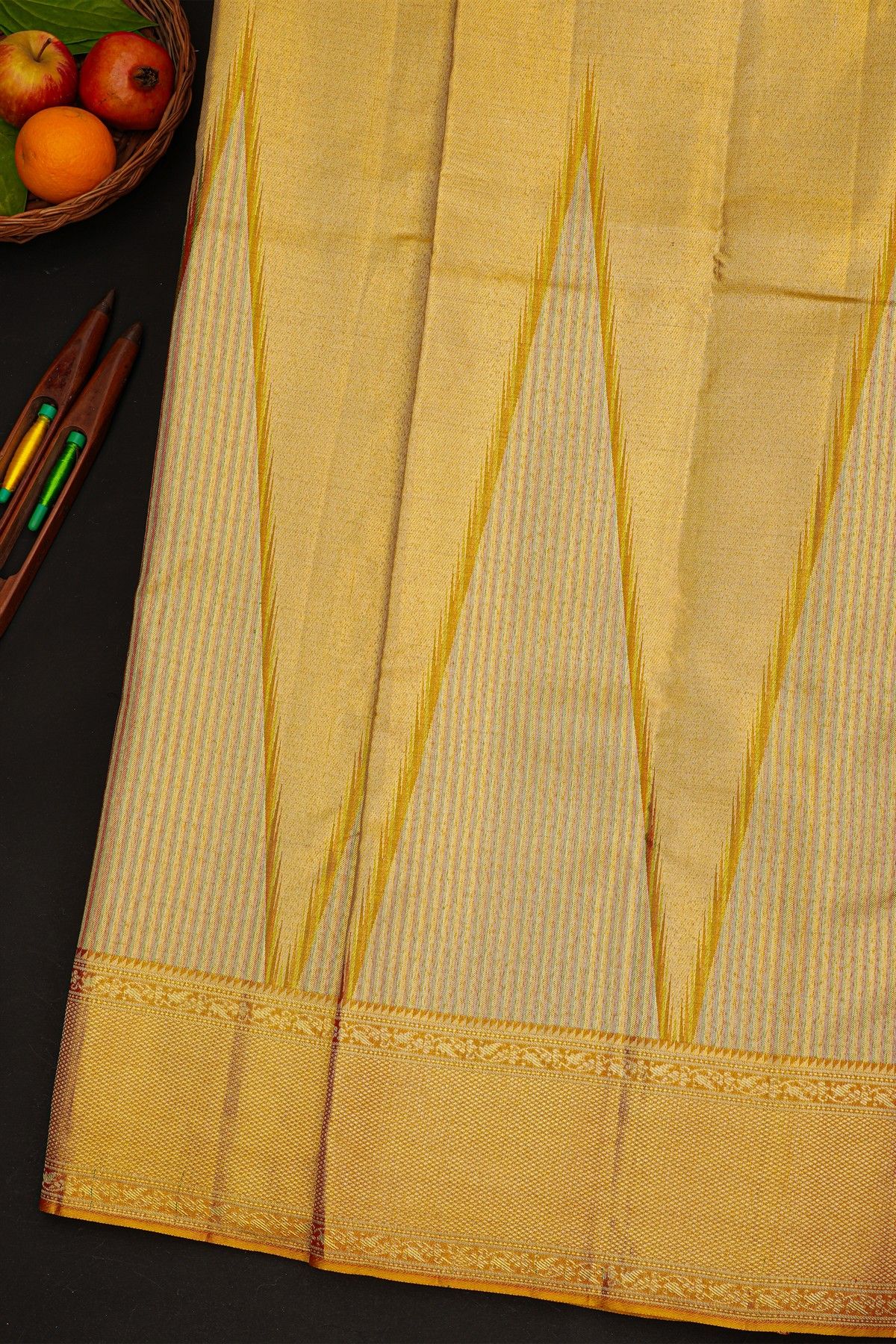 Kancheepuram Silk Golden Tissue Saree With Temple Border