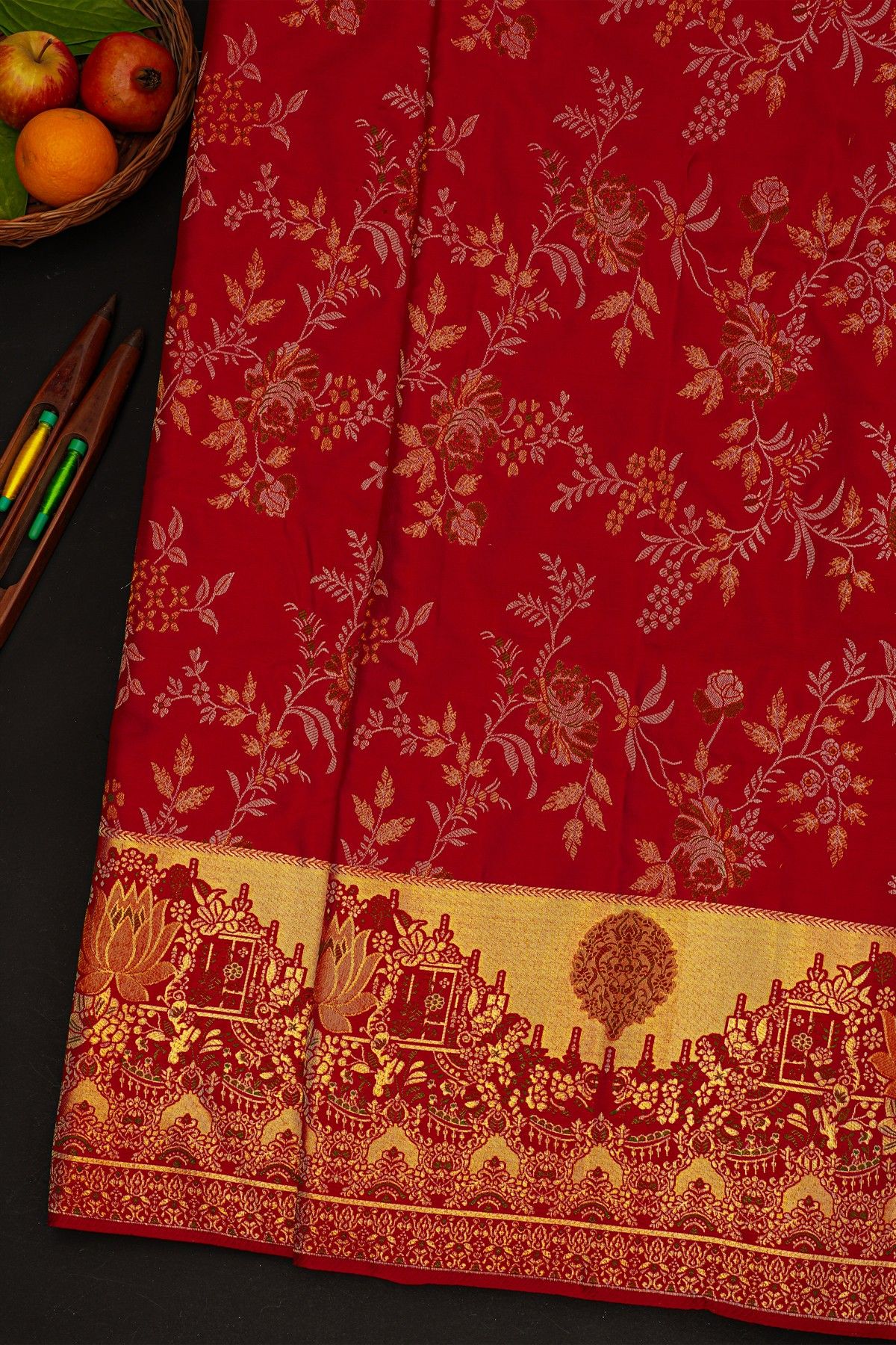Kancheepuram Silk Bridal Red Saree With Gold And Silver Zari Jaal Body
