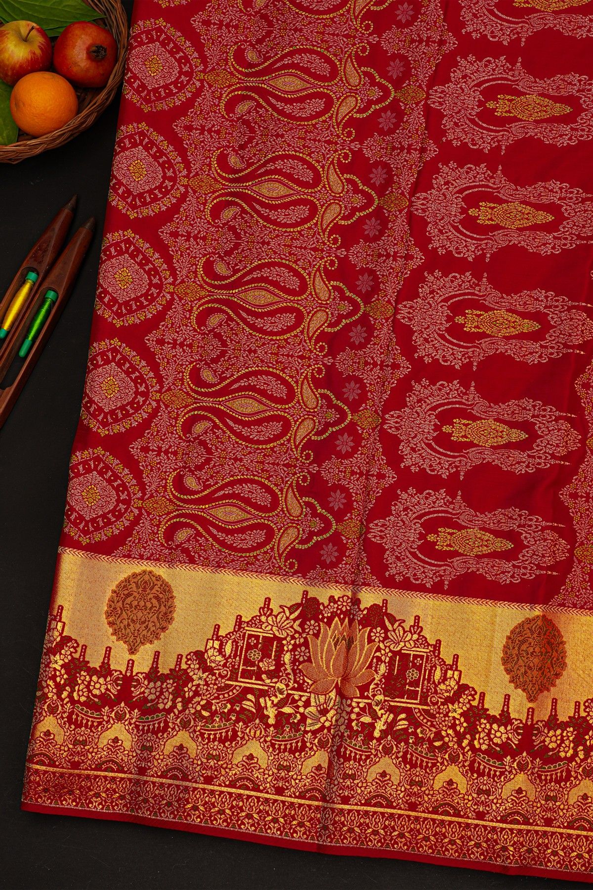 Kancheepuram Silk Bridal Red Saree With Gold And Silver Zari Jaal Body