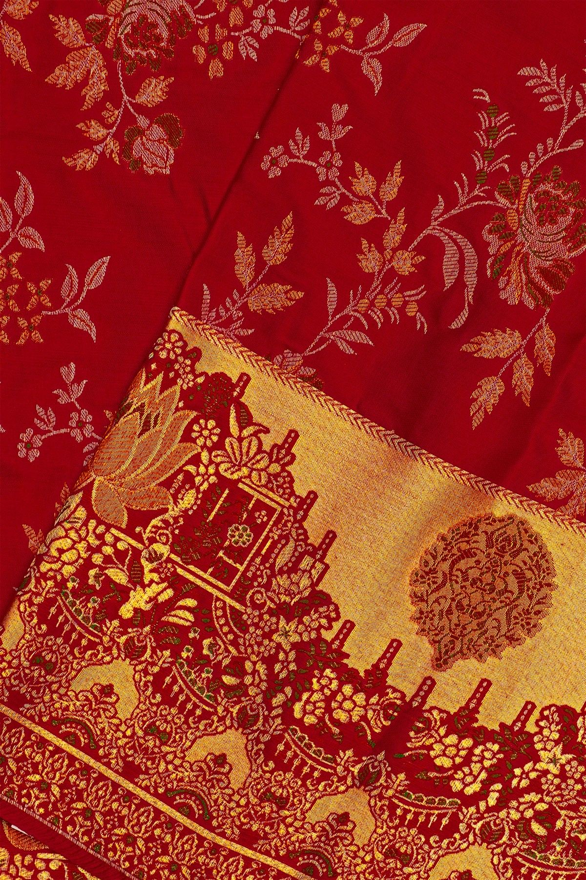Kancheepuram Silk Bridal Red Saree With Gold And Silver Zari Jaal Body