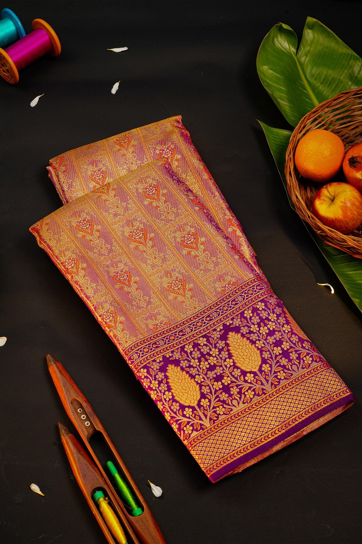 Kancheepuram Tissue Meenakari Peach Saree