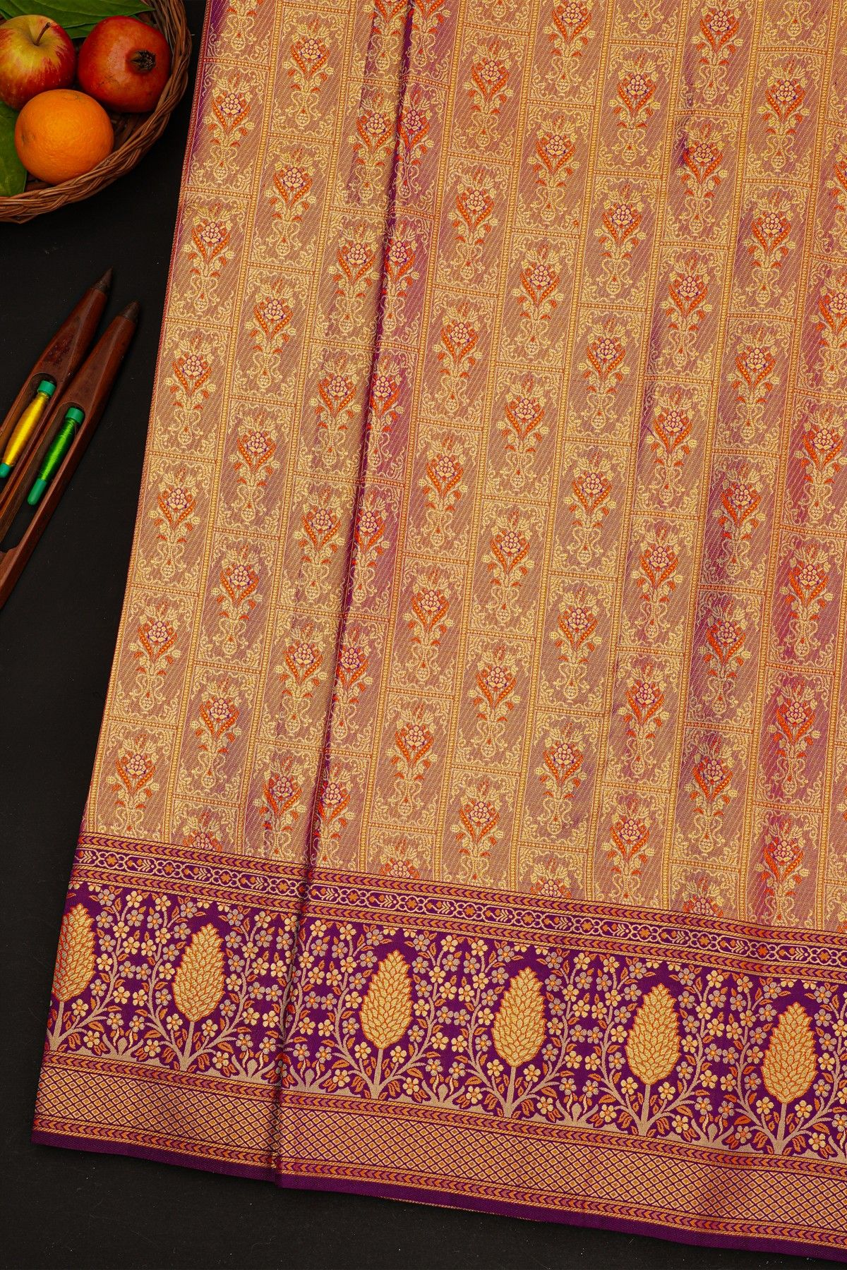 Kancheepuram Tissue Meenakari Peach Saree