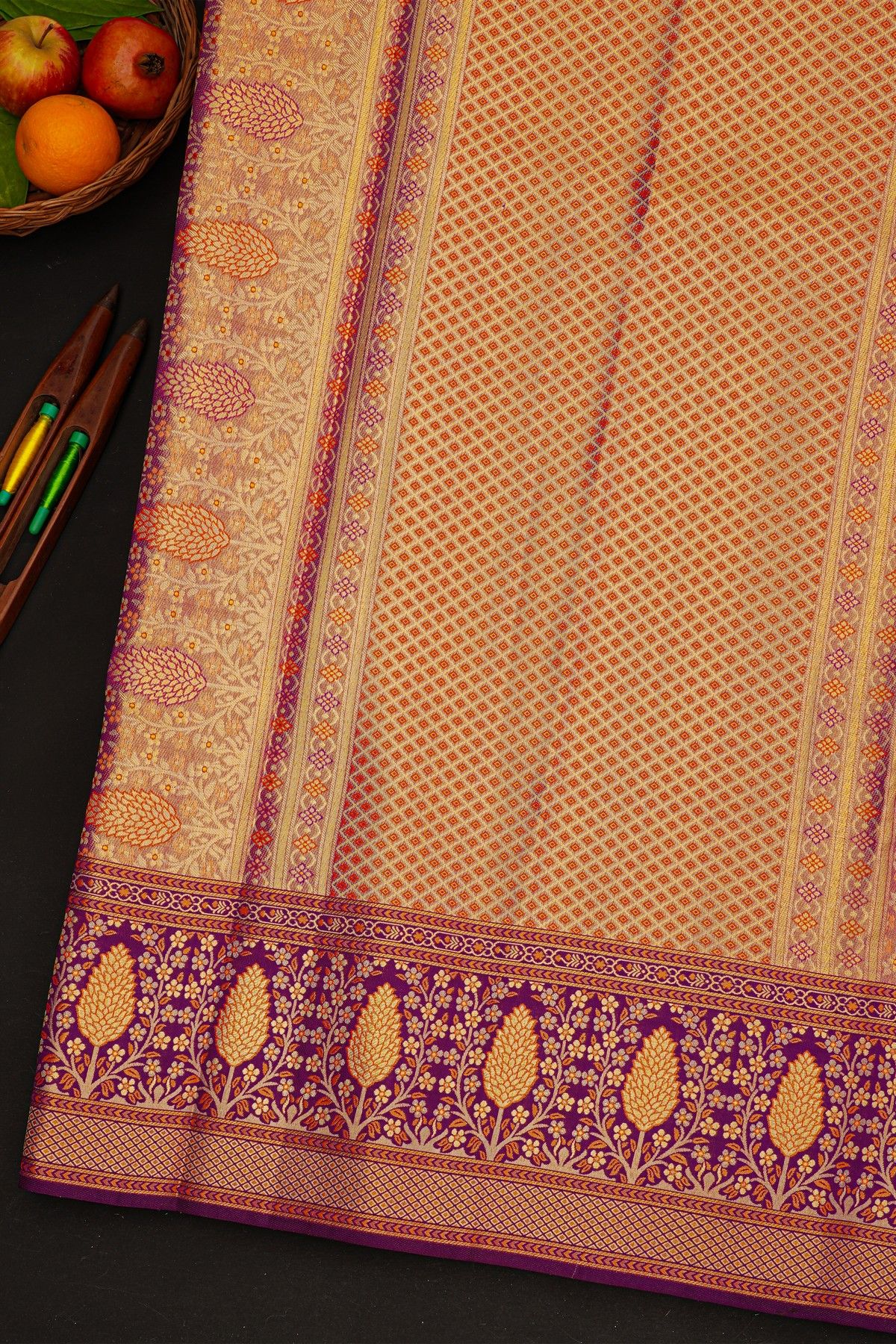 Kancheepuram Tissue Meenakari Peach Saree