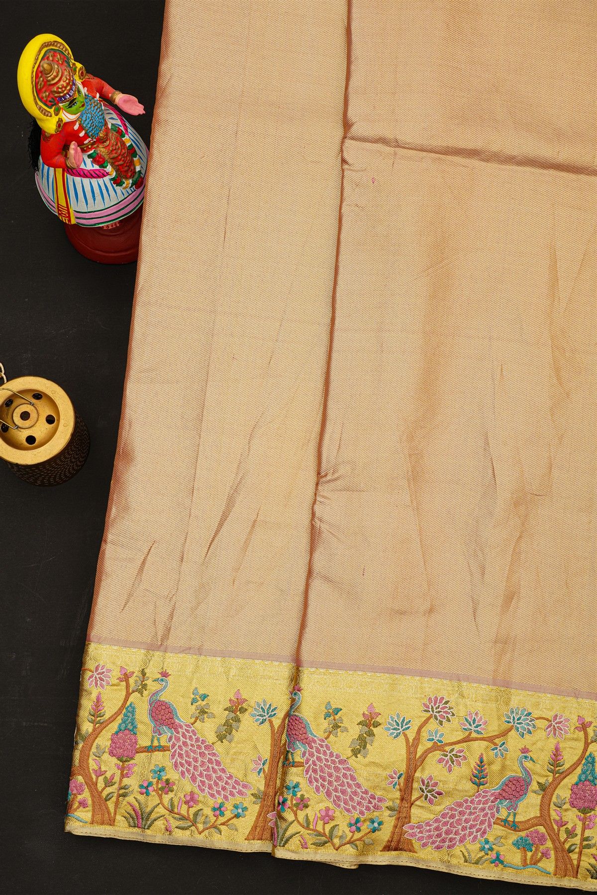 Fusion Kancheepuram Tissue Gold Saree With Thread Work Peacocks Border