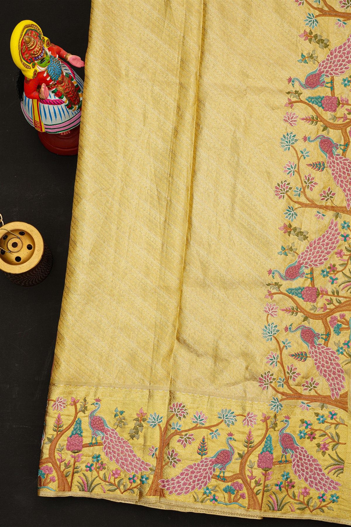 Fusion Kancheepuram Tissue Gold Saree With Thread Work Peacocks Border
