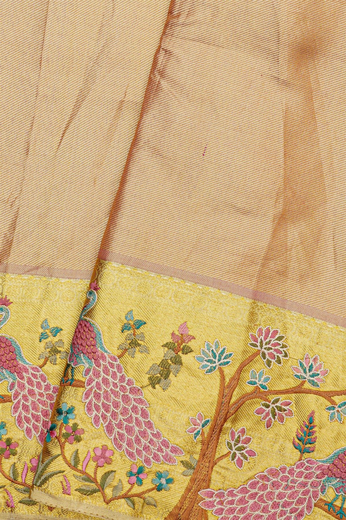 Fusion Kancheepuram Tissue Gold Saree With Thread Work Peacocks Border