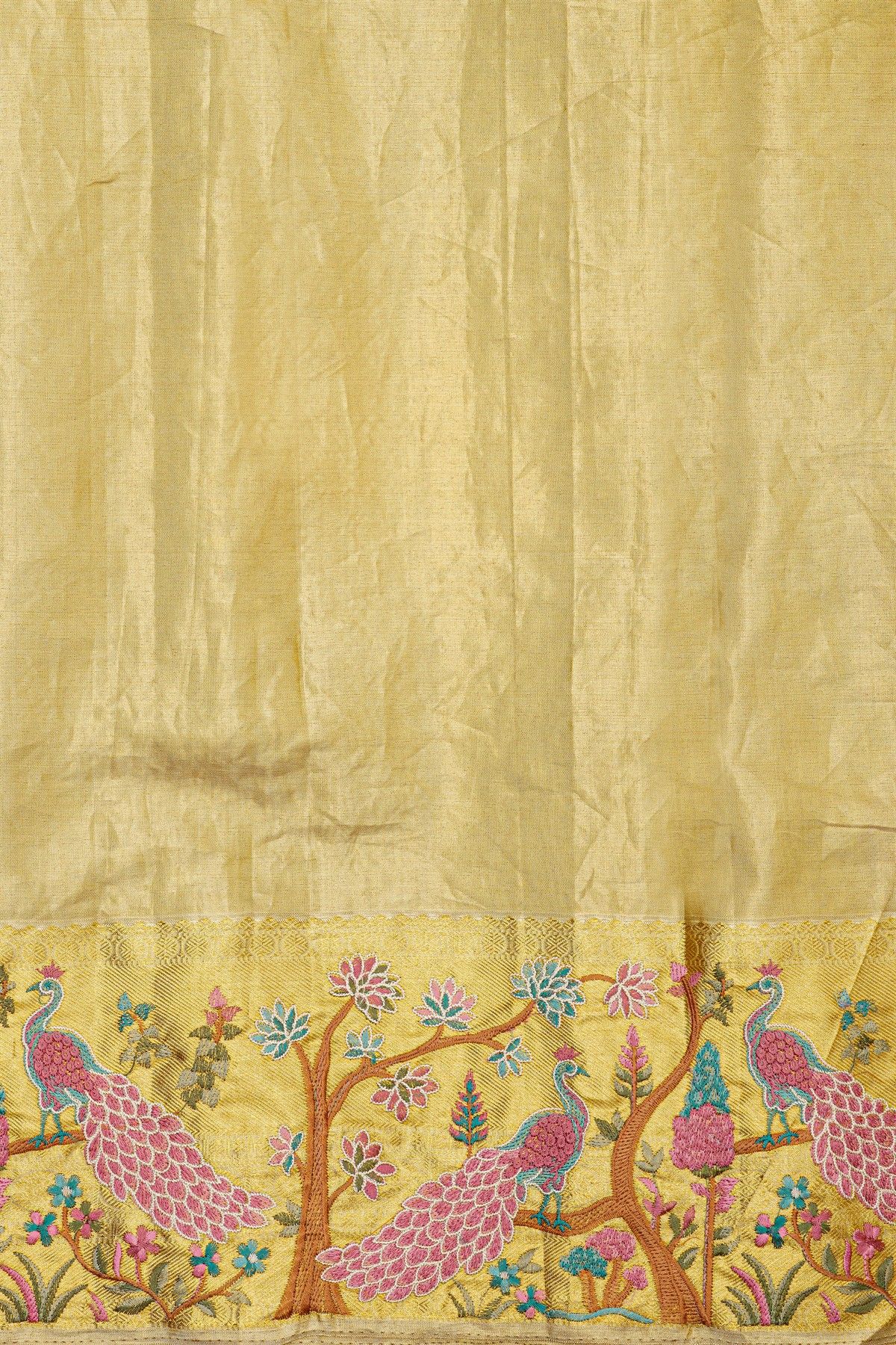 Fusion Kancheepuram Tissue Gold Saree With Thread Work Peacocks Border