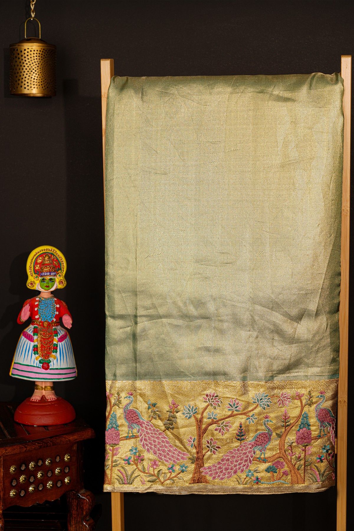 Fusion Kancheepuram Tissue Pista Green Saree With Meenakari Thread Work Border