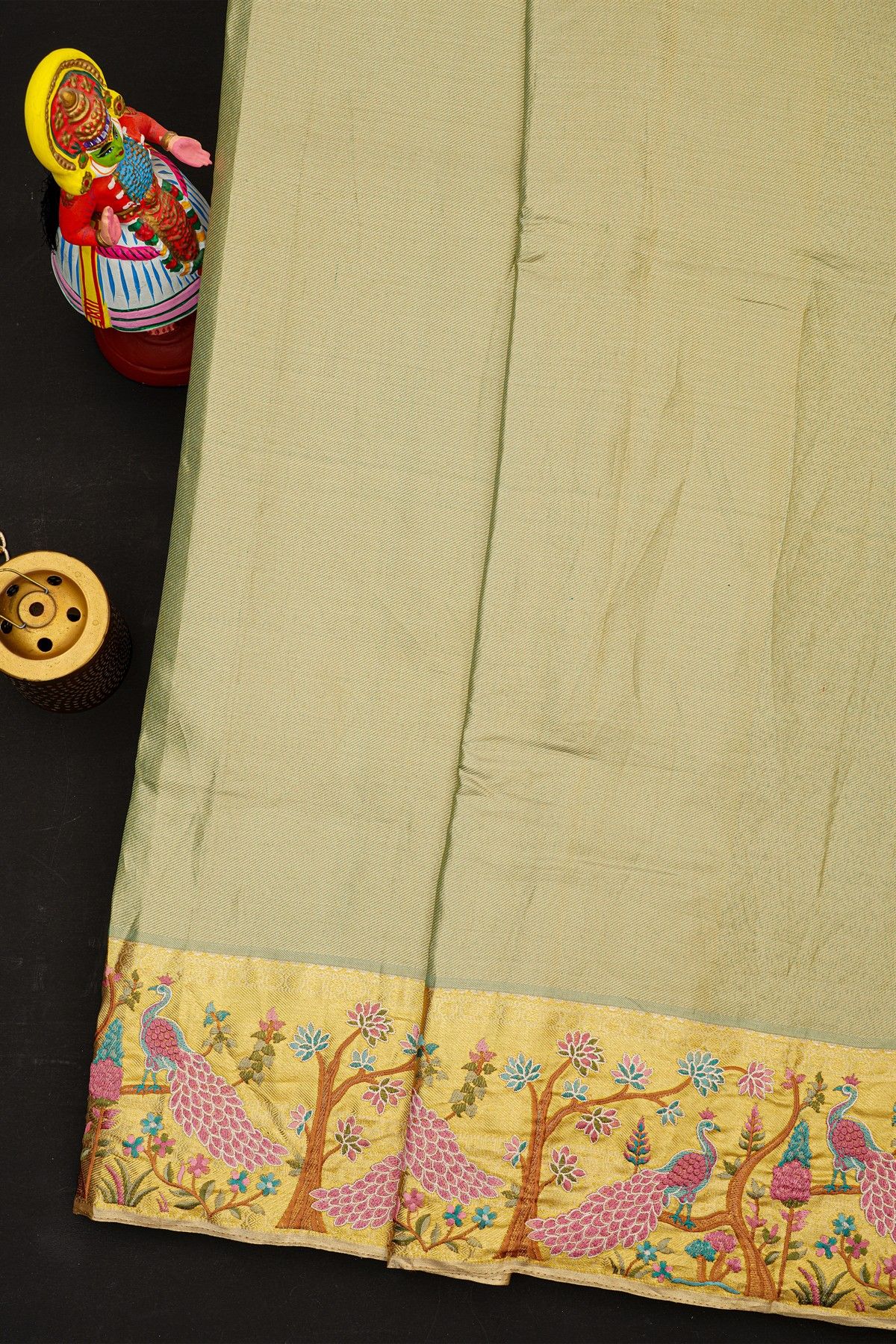 Fusion Kancheepuram Tissue Pista Green Saree With Meenakari Thread Work Border