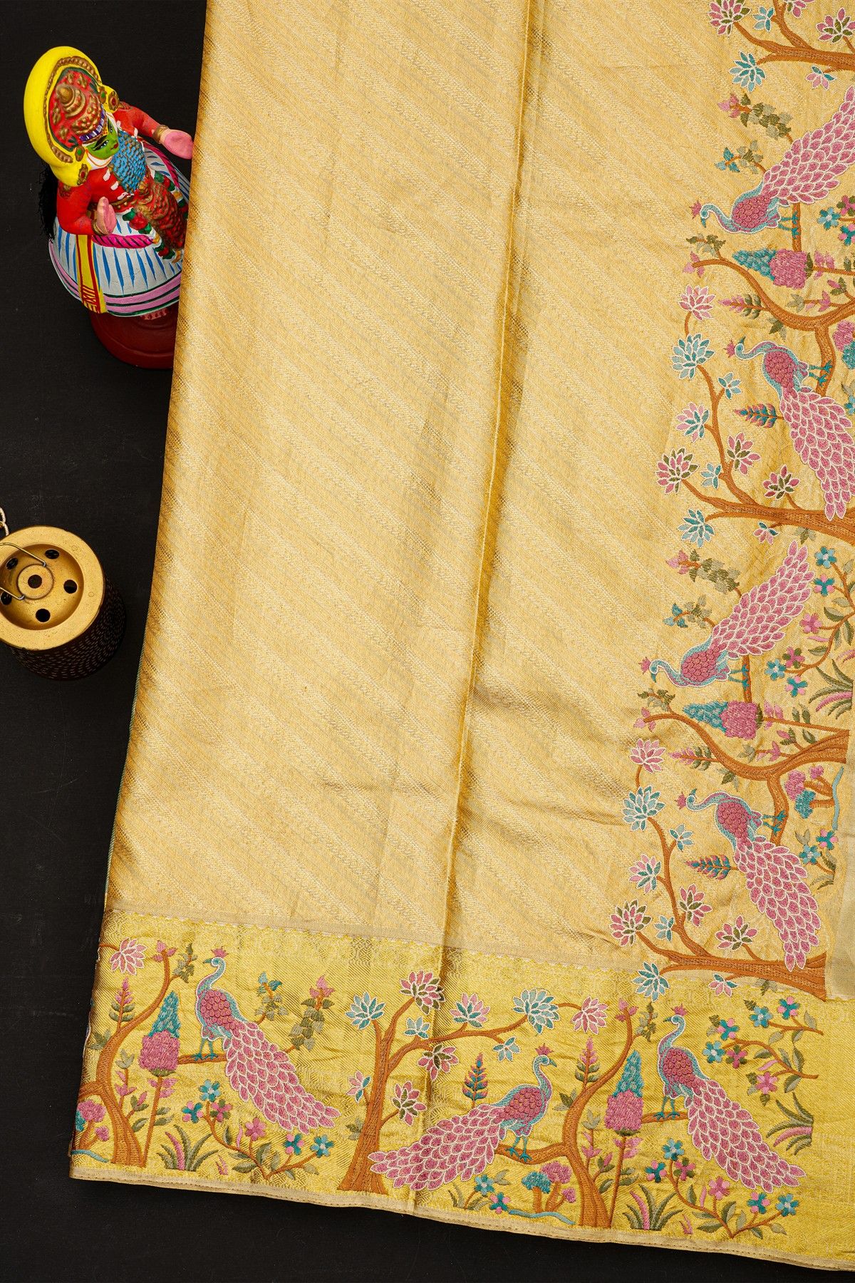 Fusion Kancheepuram Tissue Pista Green Saree With Meenakari Thread Work Border
