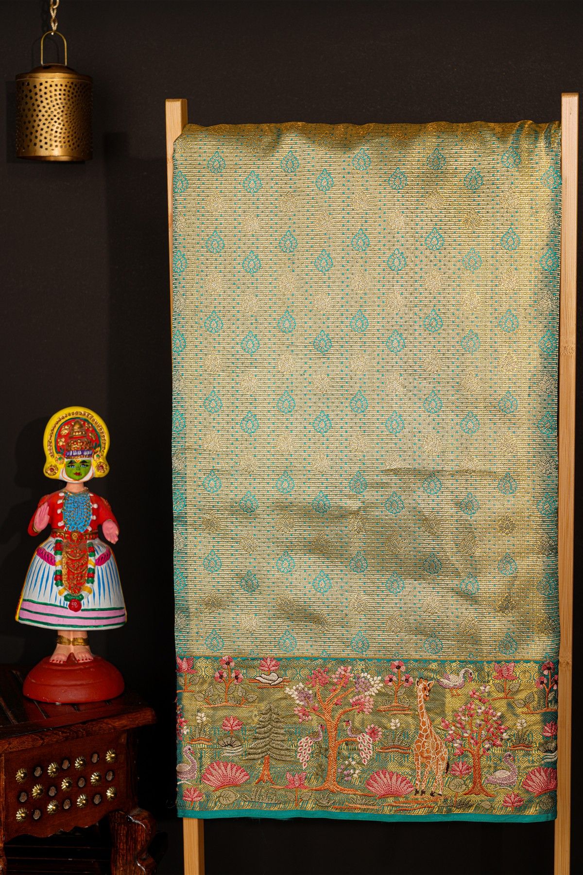 Fusion Kancheepuram Tissue Sky Blue Saree With Peacocks And Swans In Thread Work Border