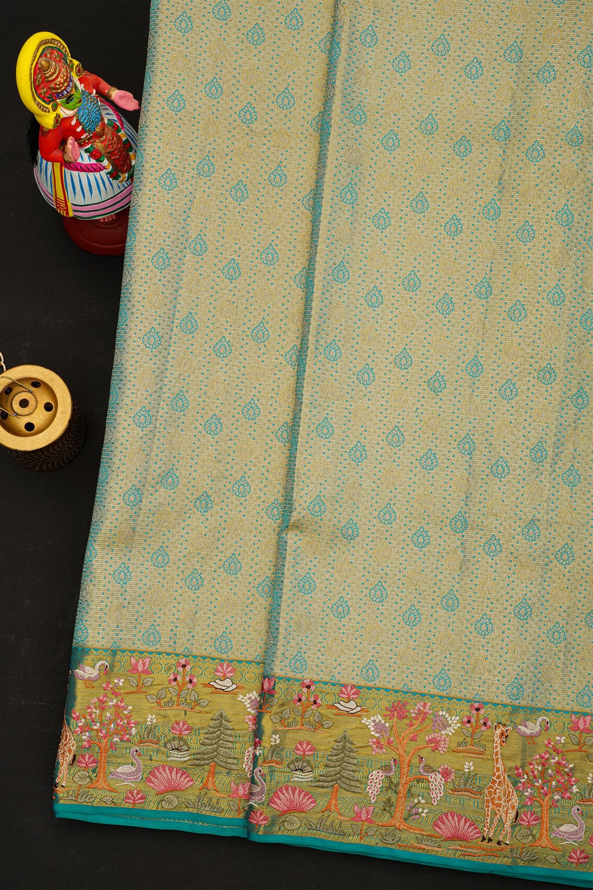 Fusion Kancheepuram Tissue Sky Blue Saree With Peacocks And Swans In Thread Work Border