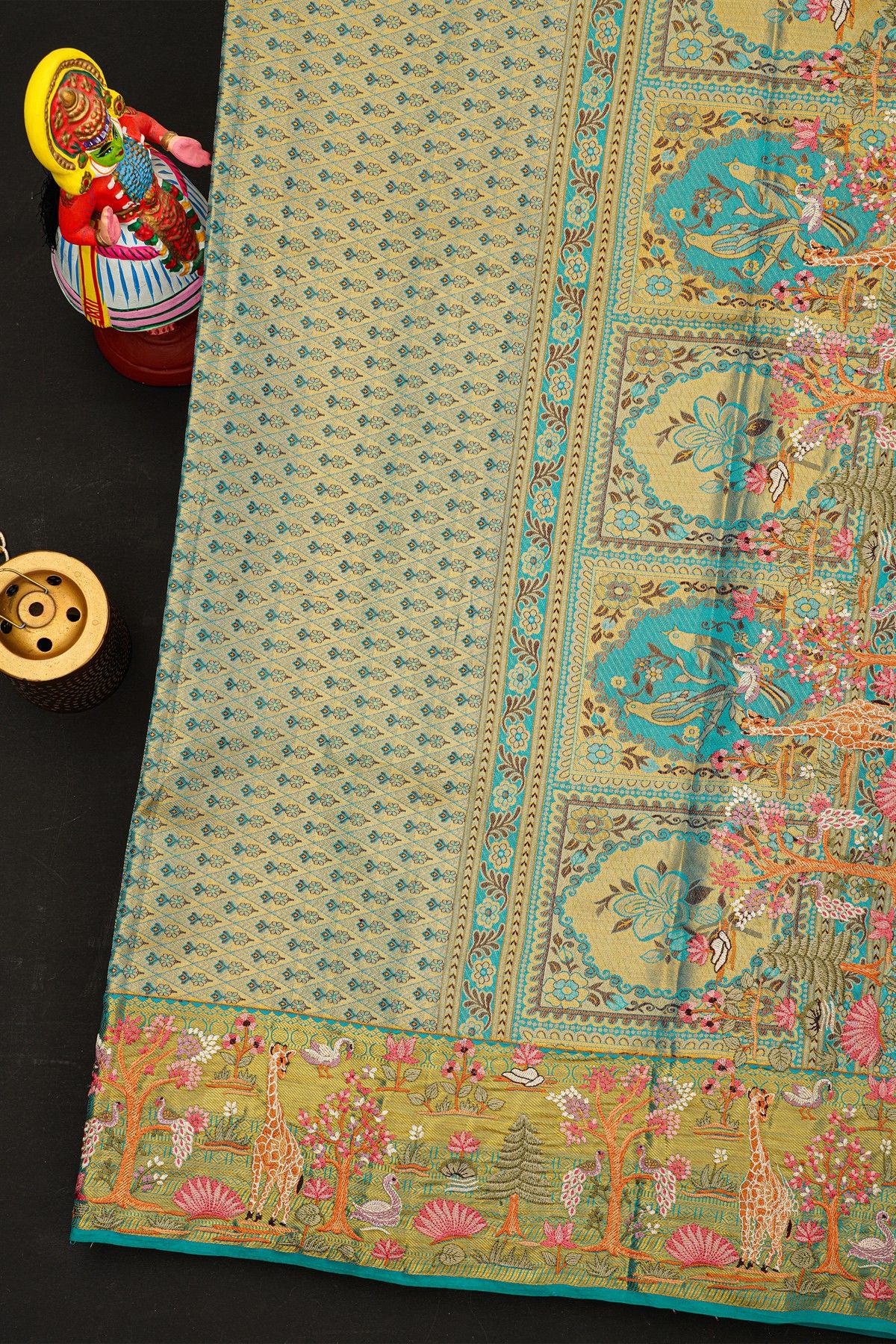 Fusion Kancheepuram Tissue Sky Blue Saree With Peacocks And Swans In Thread Work Border